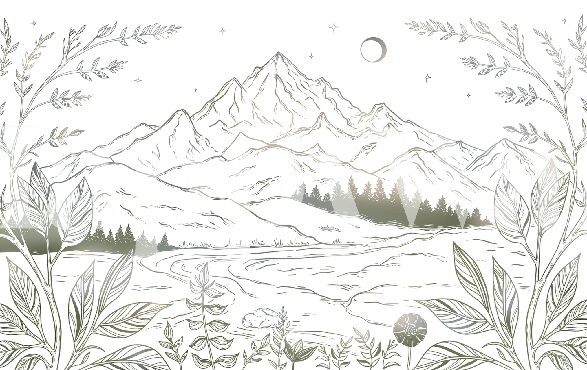 Papel de parede Minimal Mountain Line Landscape em um cômodo