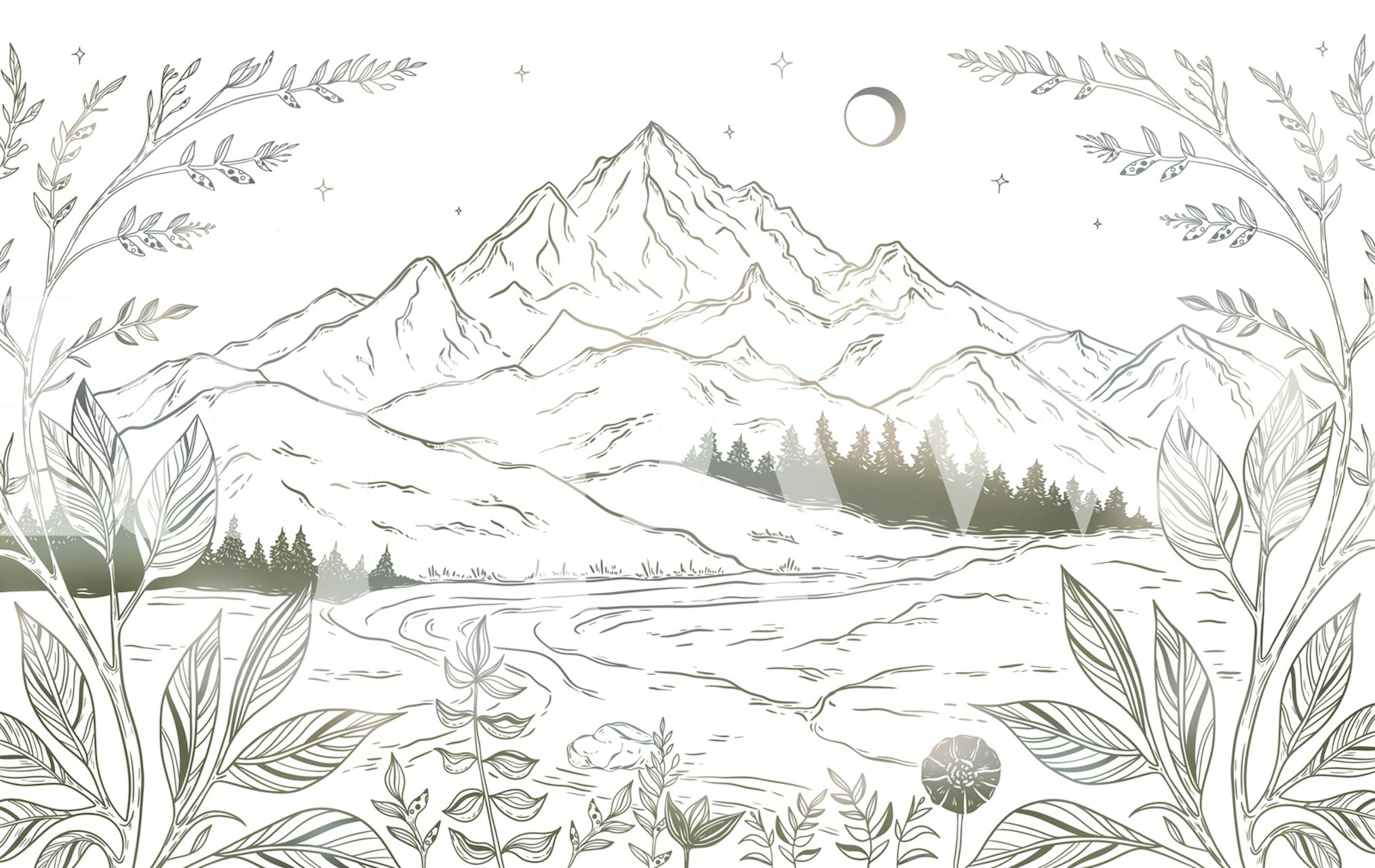 Minimal Mountain Line Landscape behang in een kamer