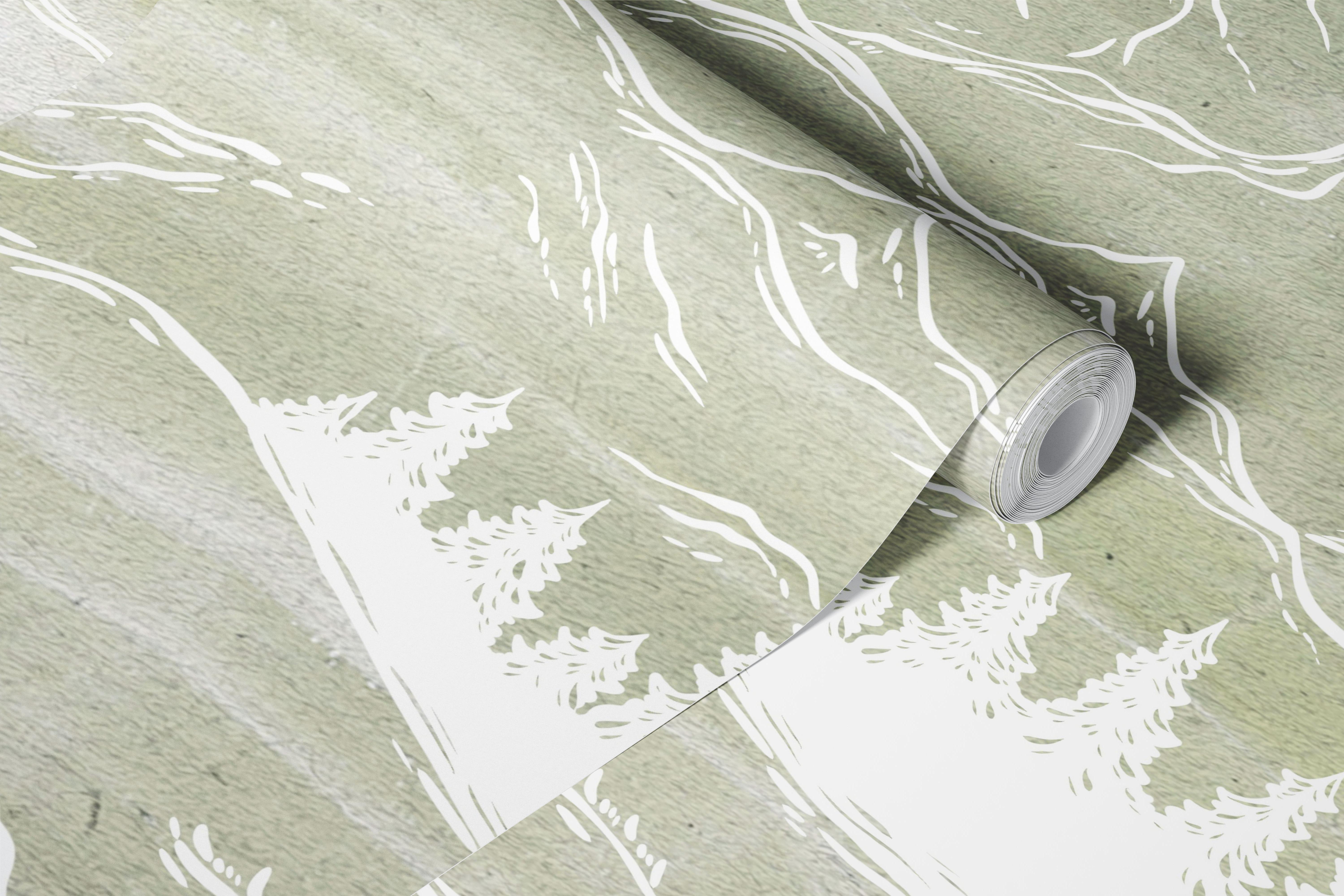 Vintage Alpine Landscape Line Art wallpaper in a room