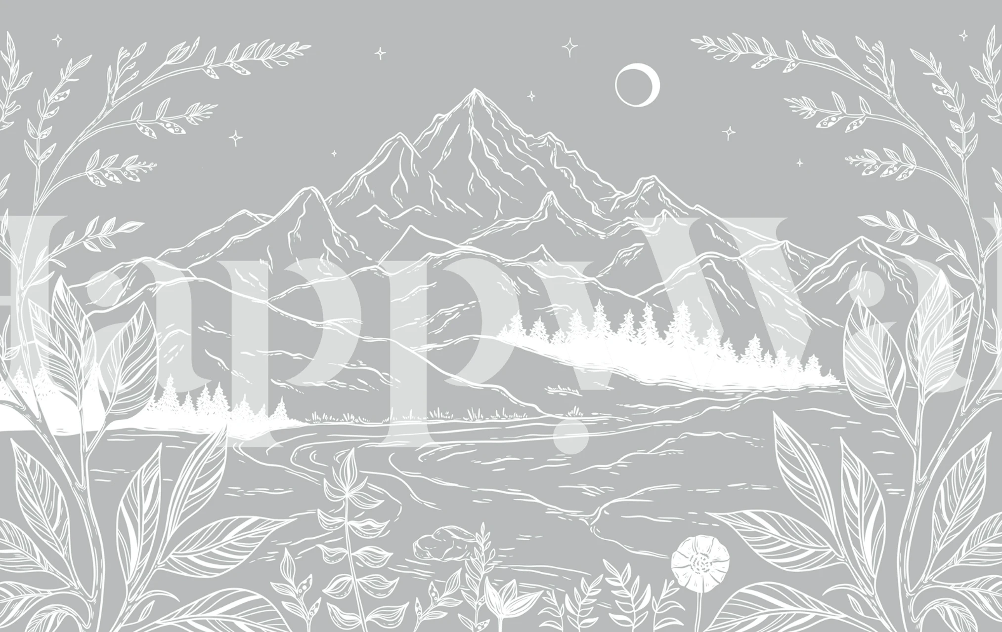 Ar roku zīmētas kalnu ainavas tapete istabā