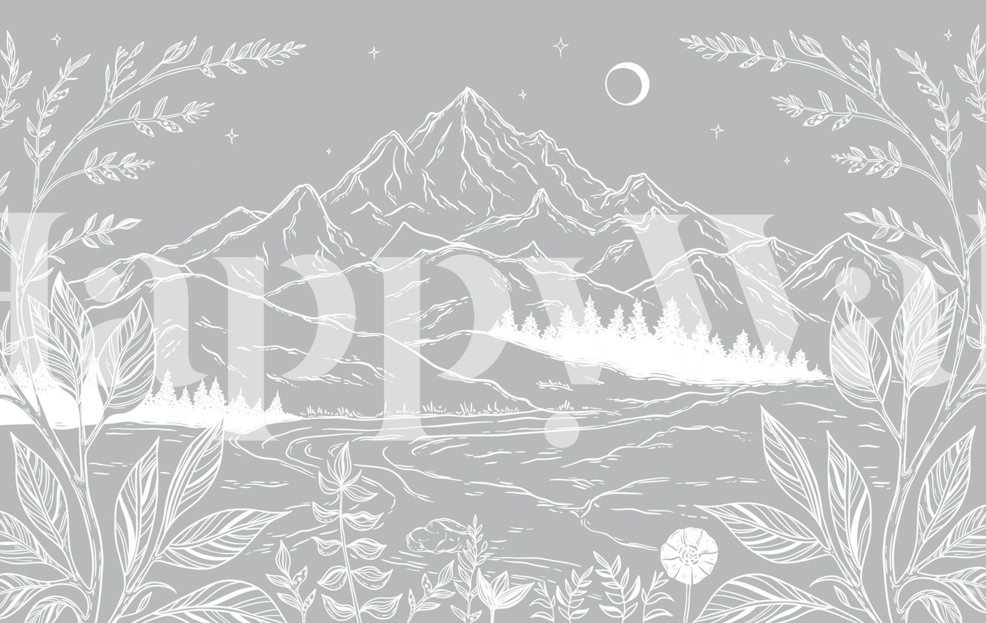 Ranka pieštas kalnų peizažo tapetas kambaryje