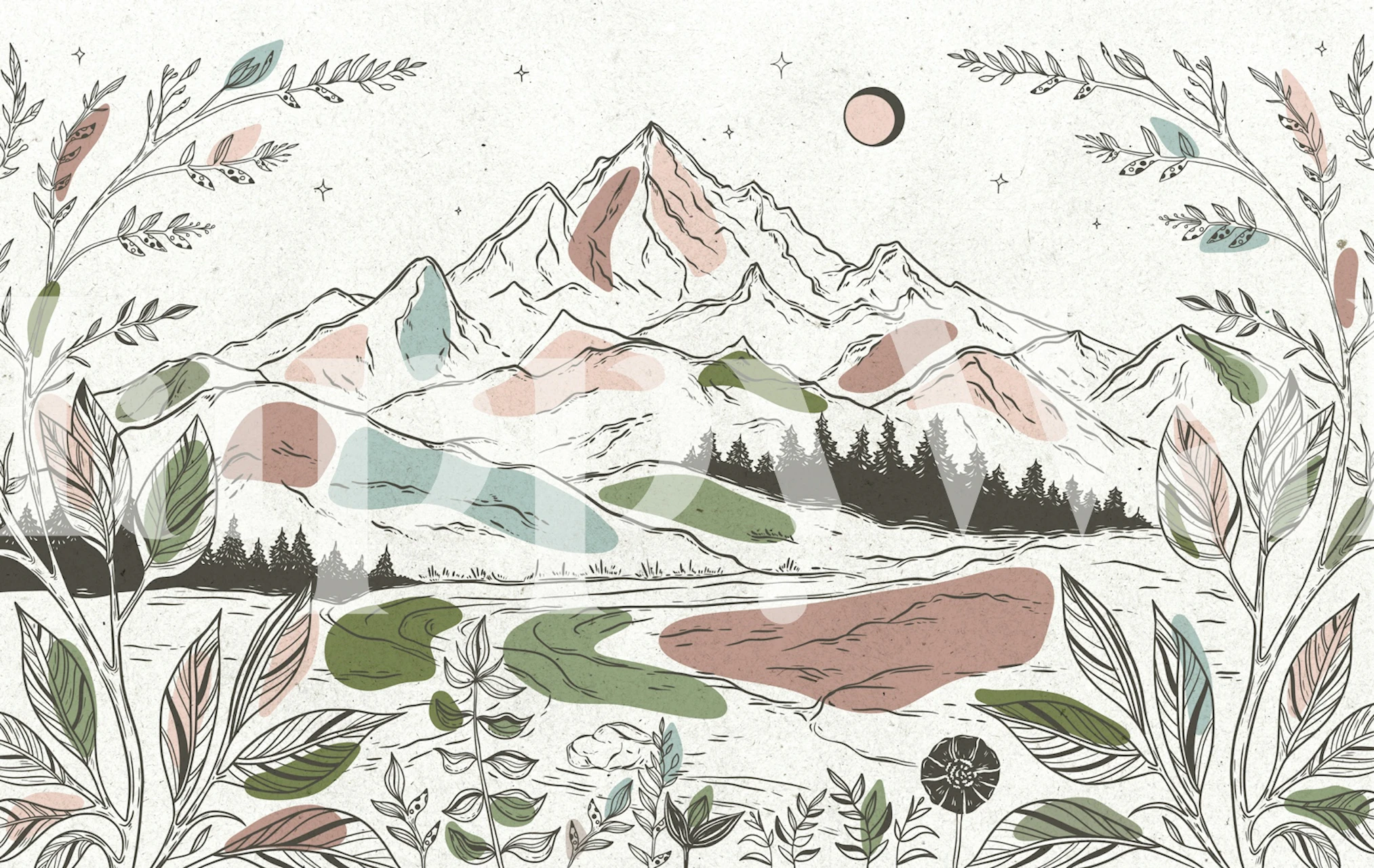 Boho kalnu ainavas tapete istabā