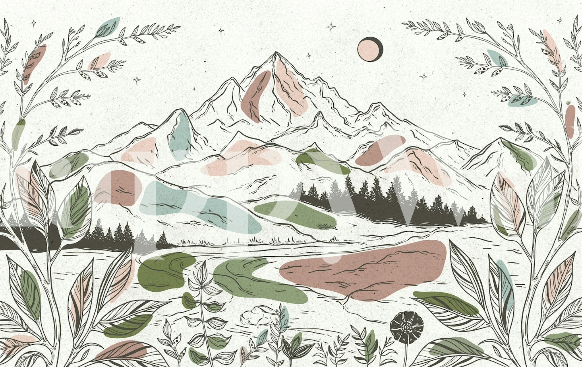 Boho kalnų peizažo tapetai kambaryje