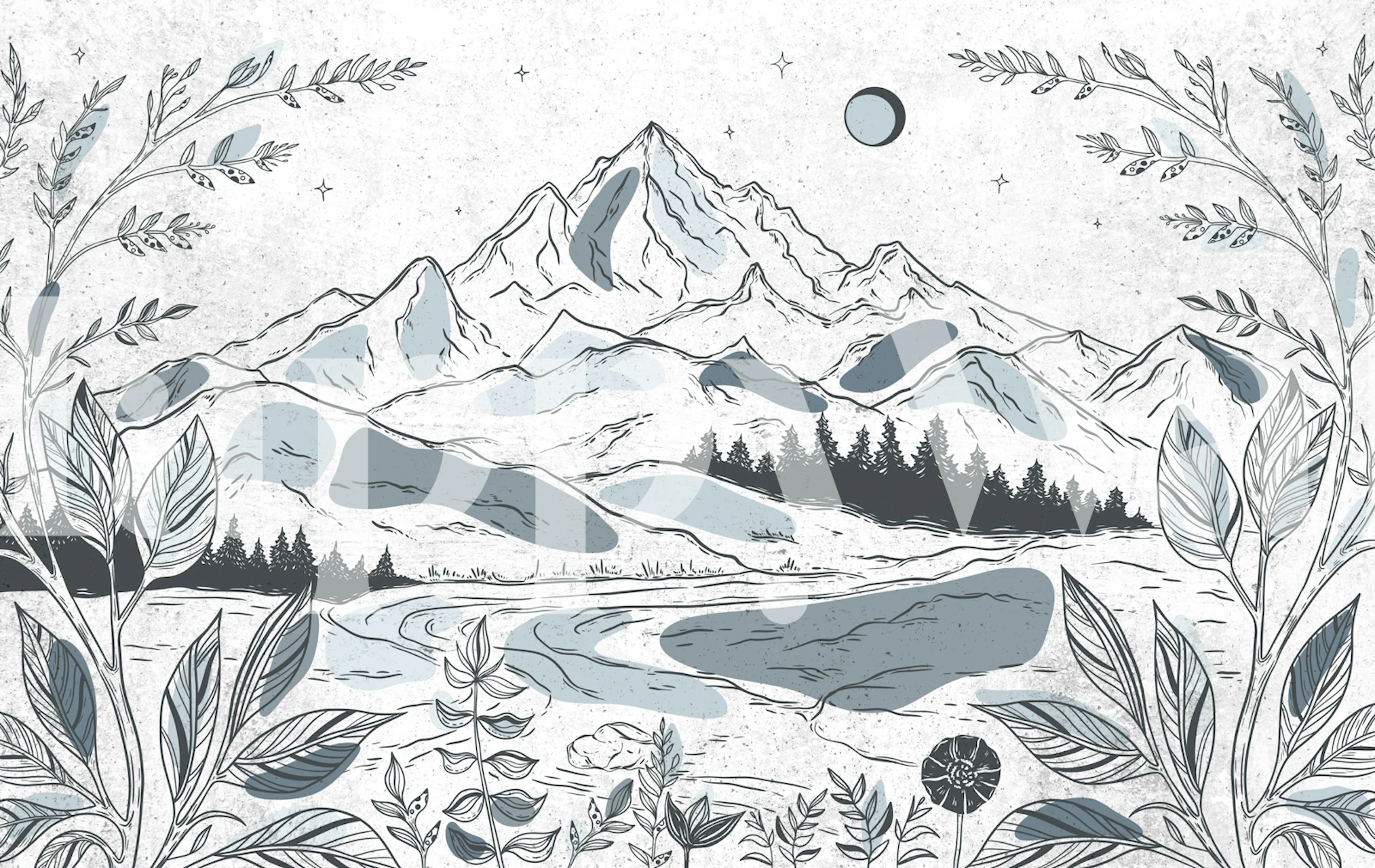 Line Art Mountain Meadow wallpaper in a room