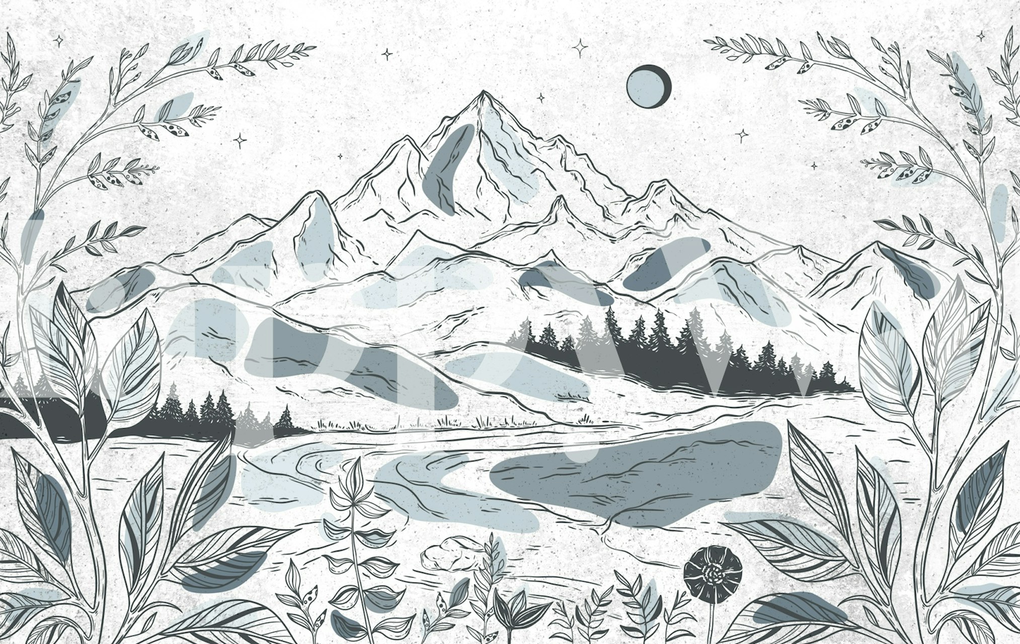 Line Art Mountain Meadow tapetas kambaryje
