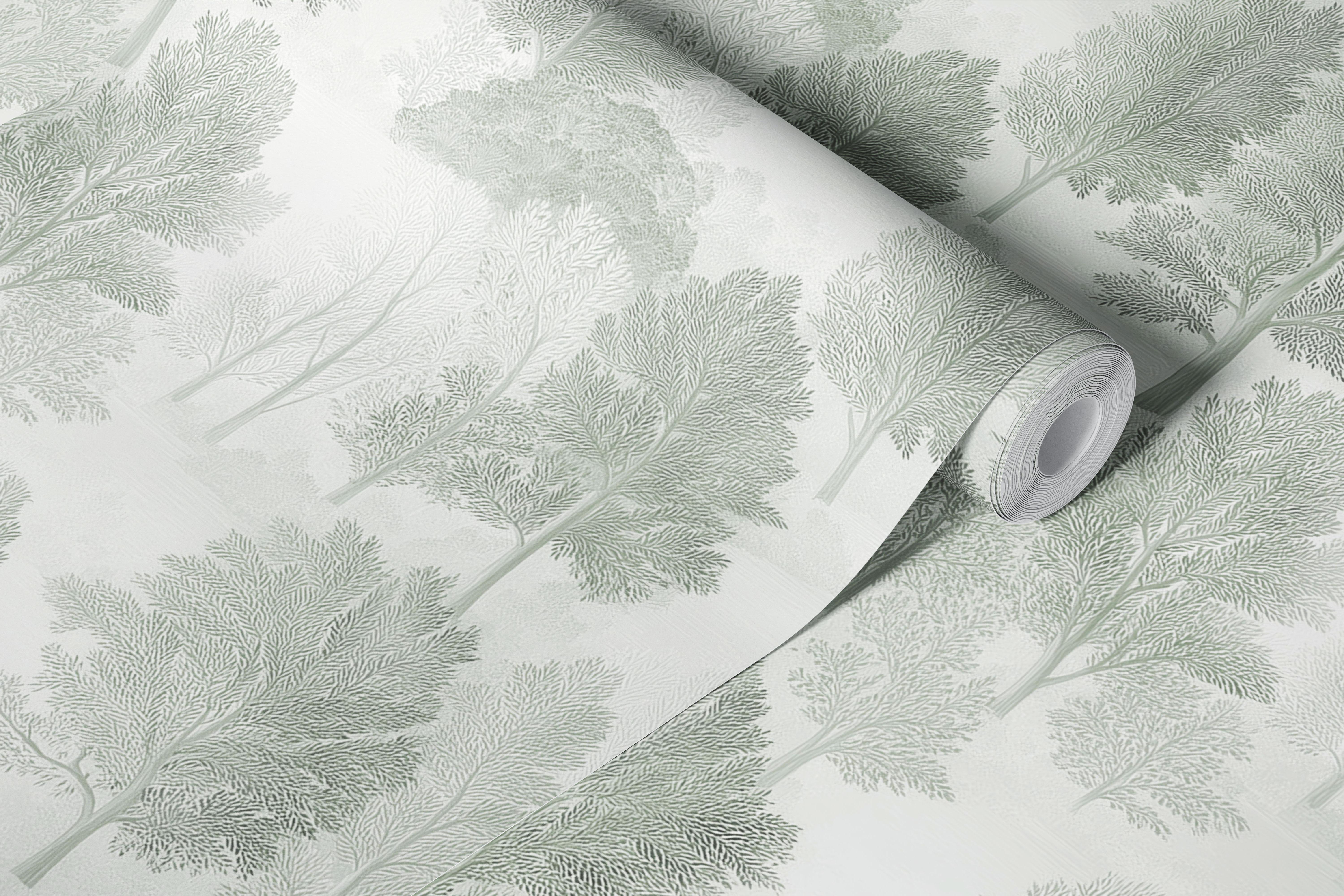 Salbeigrüne neblige Waldbaum Tapete in einem Raum