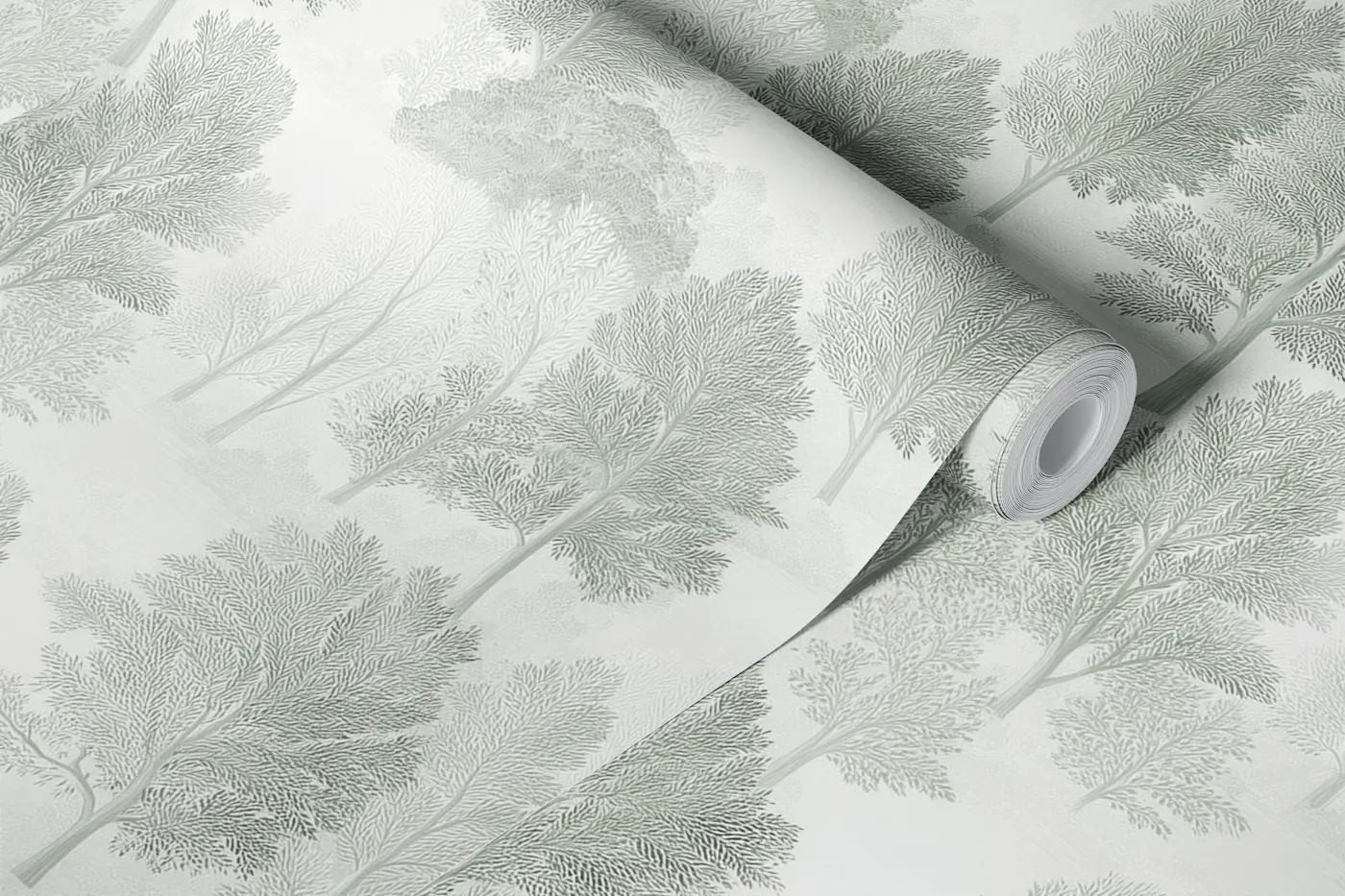 Sage Green Misty Forest Trees wallpaper roll