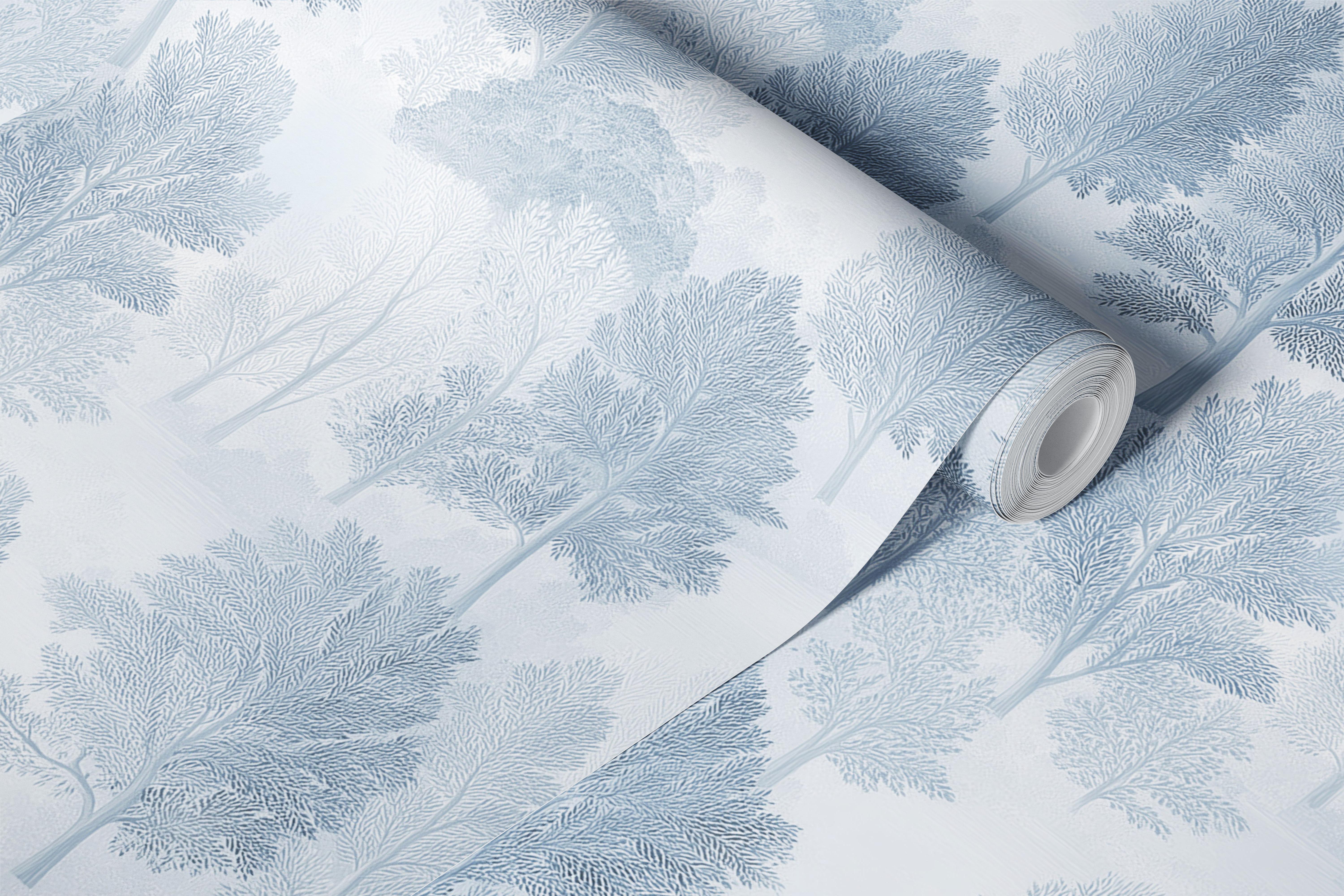 Pastelowa niebieska tapeta z mglistymi drzewami leśnymi