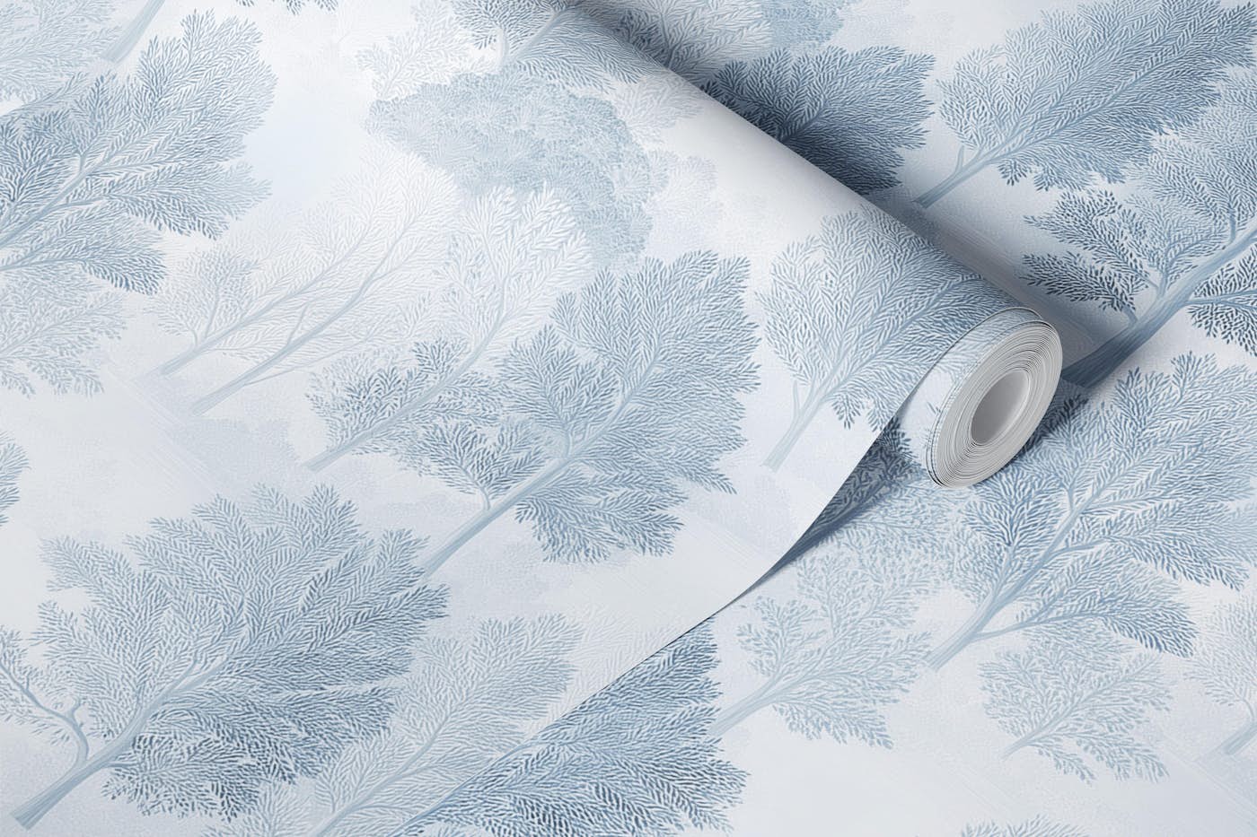 Pastel Blue Misty Forest Trees wallpaper roll