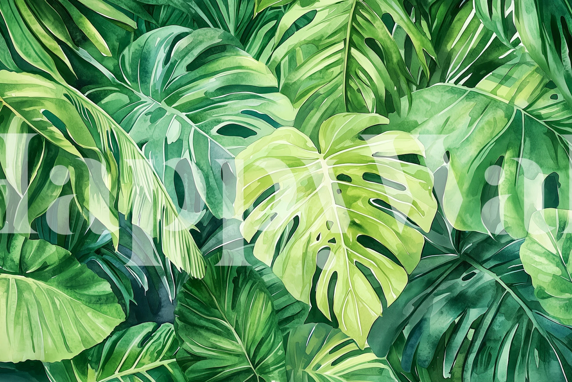 Groen monstera-blad behang in een kamer