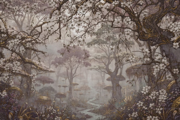 Misty Cherry Blossom Forest