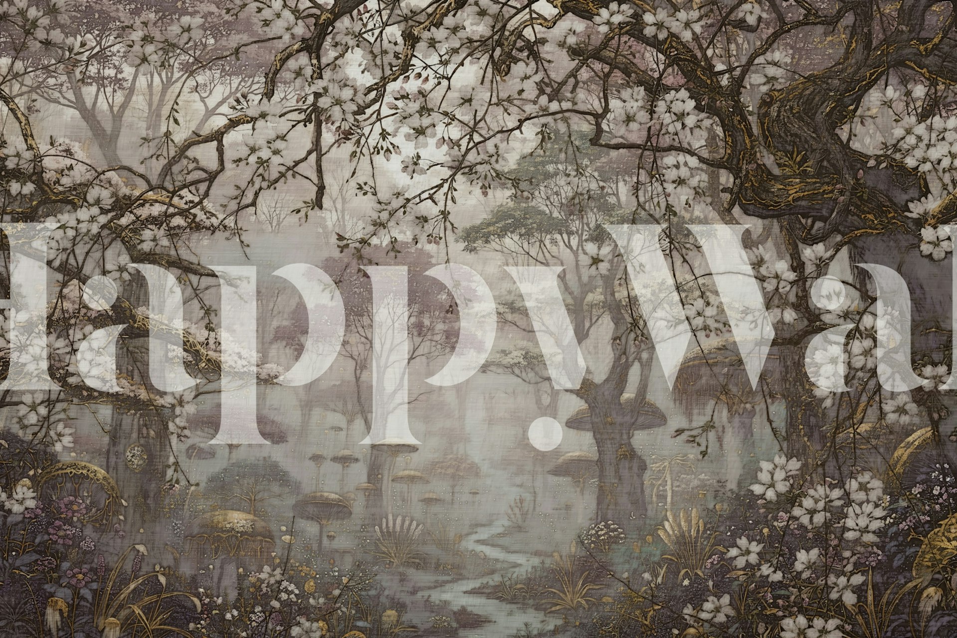 Misty cherry blossom forest wallpaper in a room