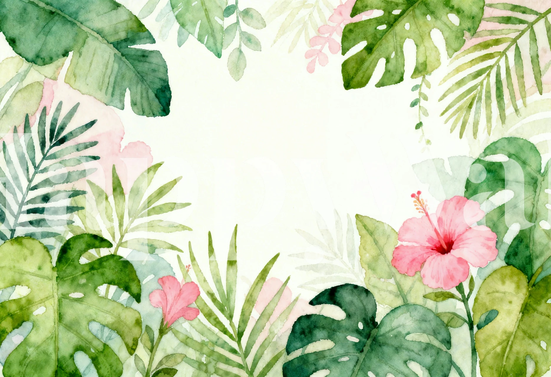 Pink hibiscus jungle leaves wallpaper