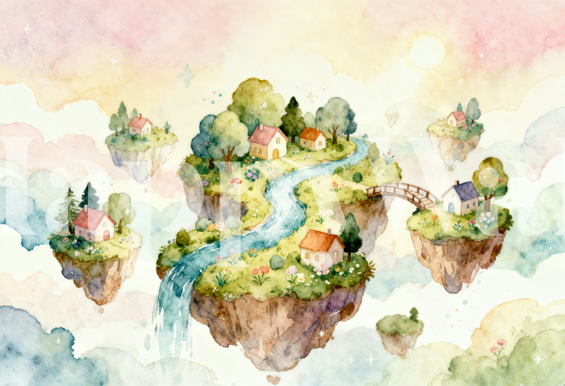 Whimsical floating island village wallpaper in a room
