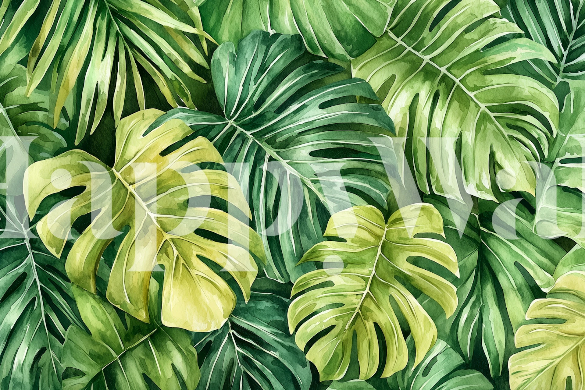 Sulīgu zaļu monstera lapu tapete istabā