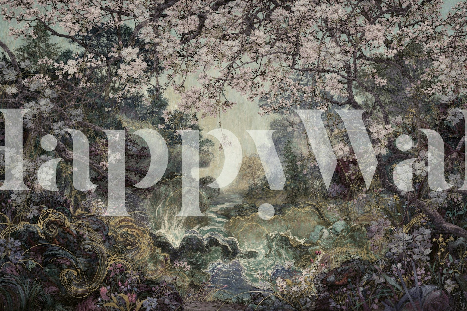 Cherry Blossom River Mist tapeta v místnosti