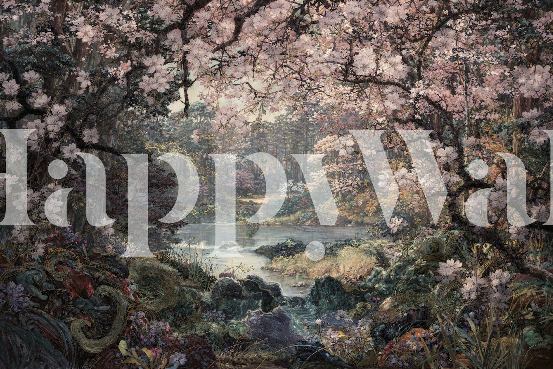 Cherry Blossom Lake Serenity wallpaper in a room