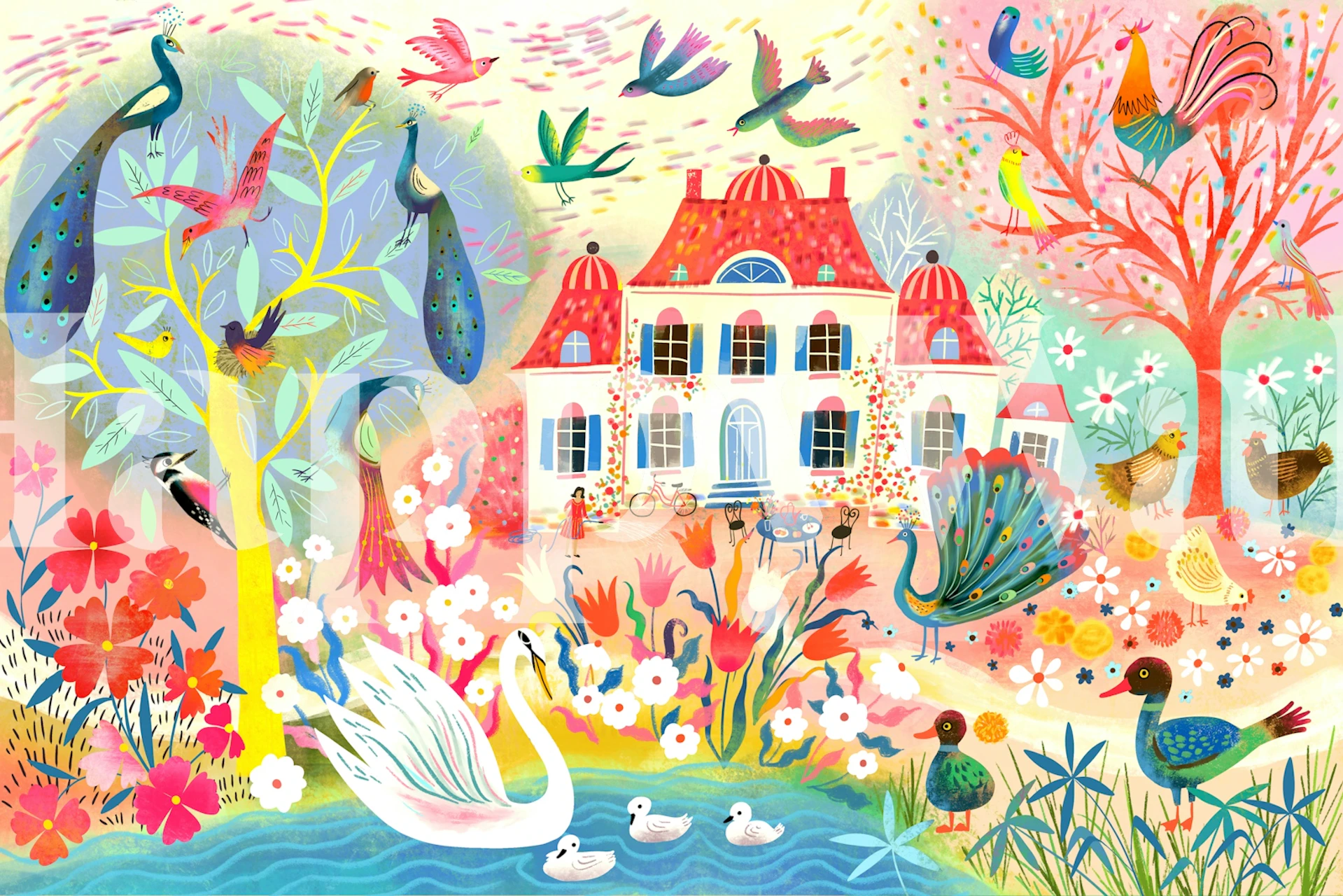 Colorful peacock garden castle wallpaper in a room