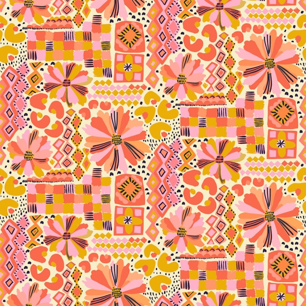 Boho Patchwork Floral Retro Pink Orange Gold