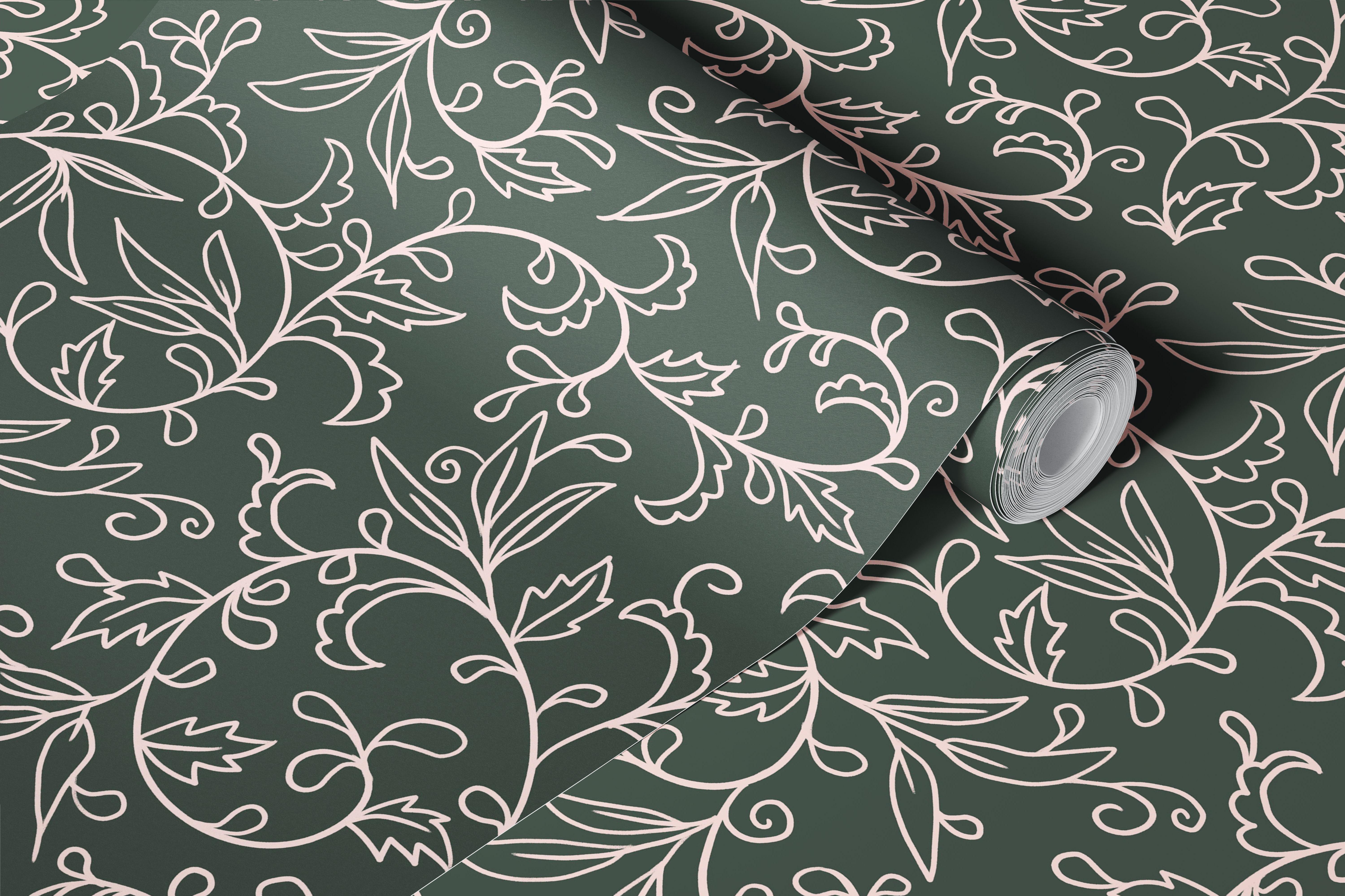 Elegant floral scrollwork sage wallpaper in a room