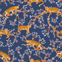 Tigers in Navy Blue Blossom Branches wallpaper