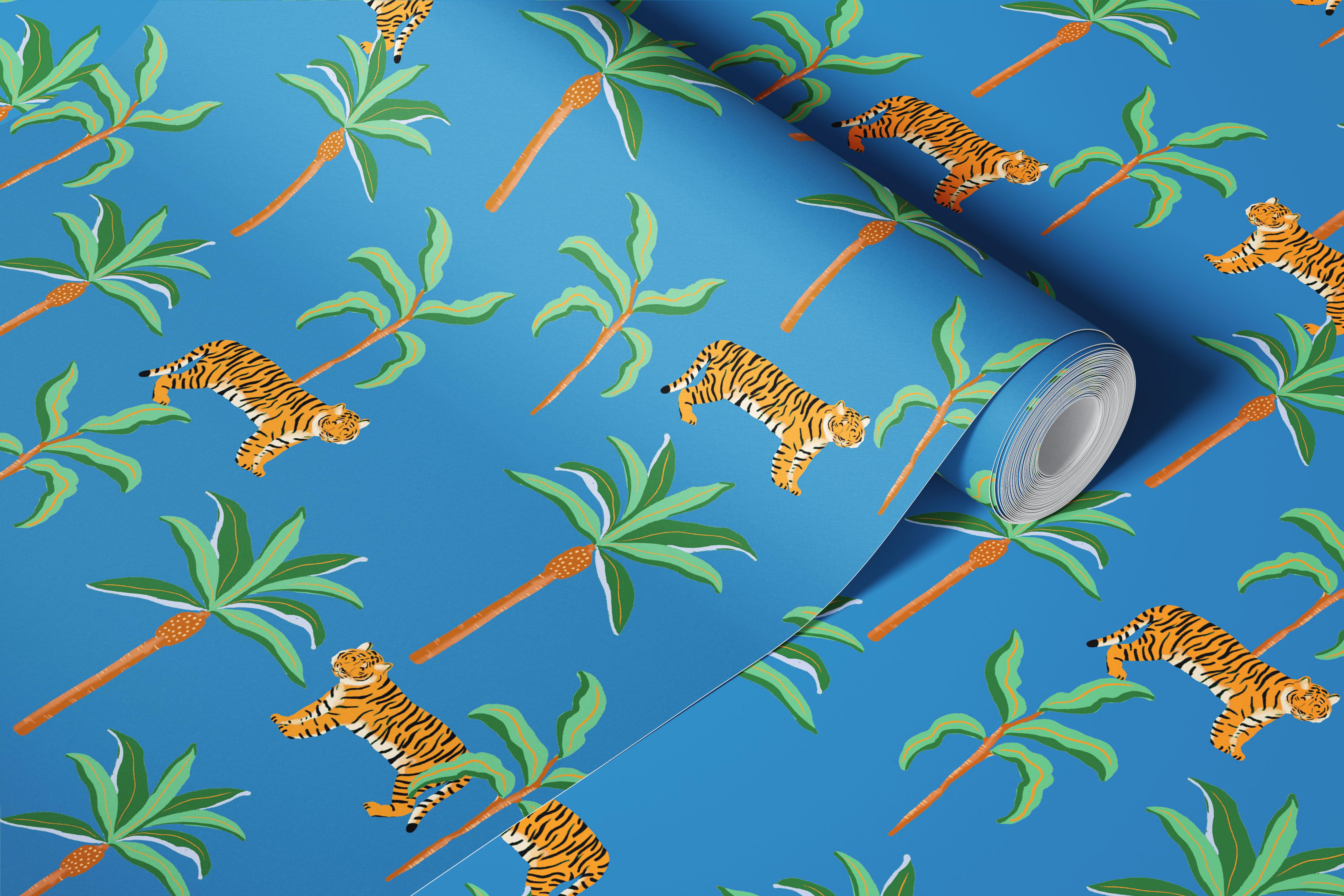 Blue Jungle Tigers and Palms wallpaper in a room