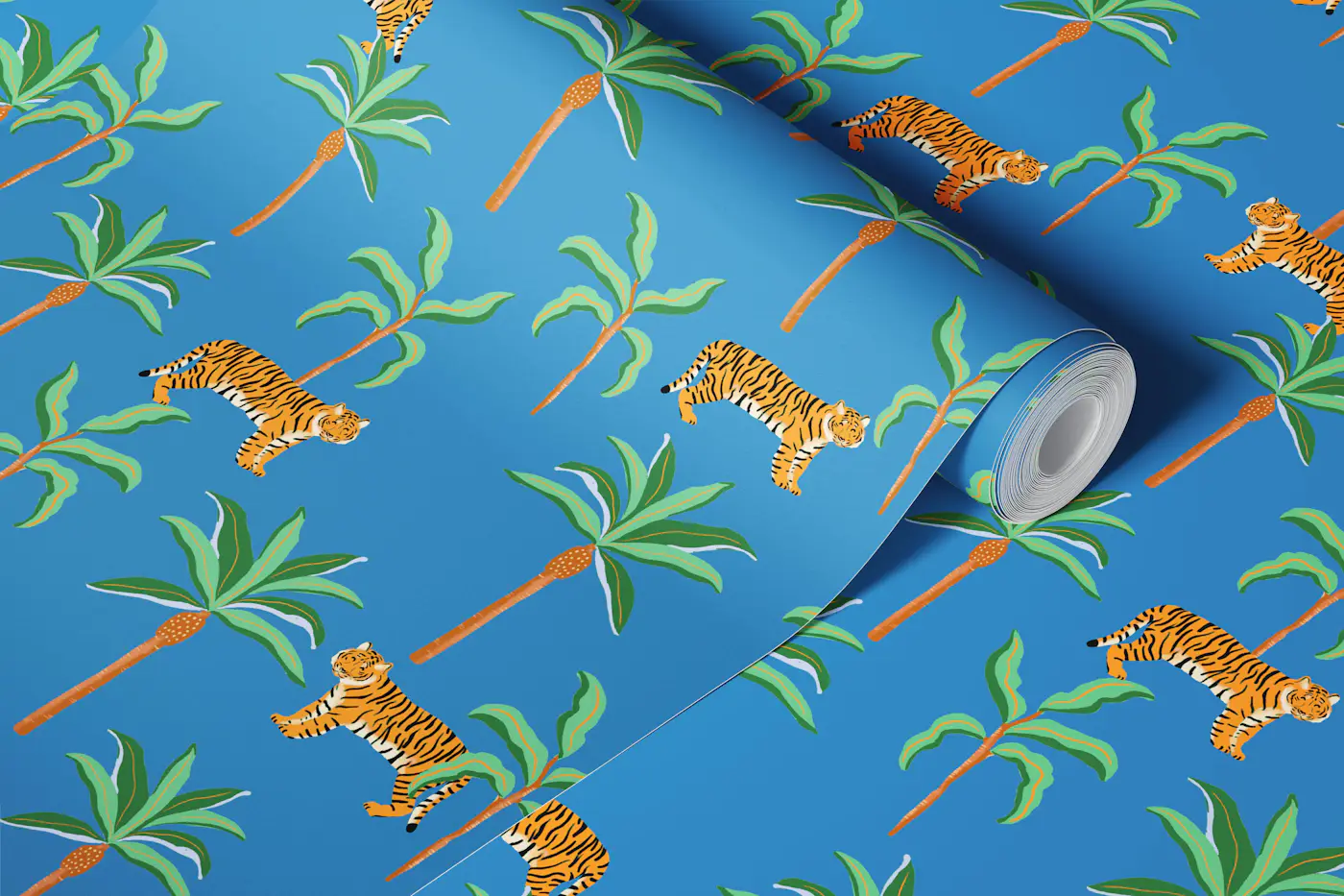 Blue Jungle Tigers and Palms wallpaper roll