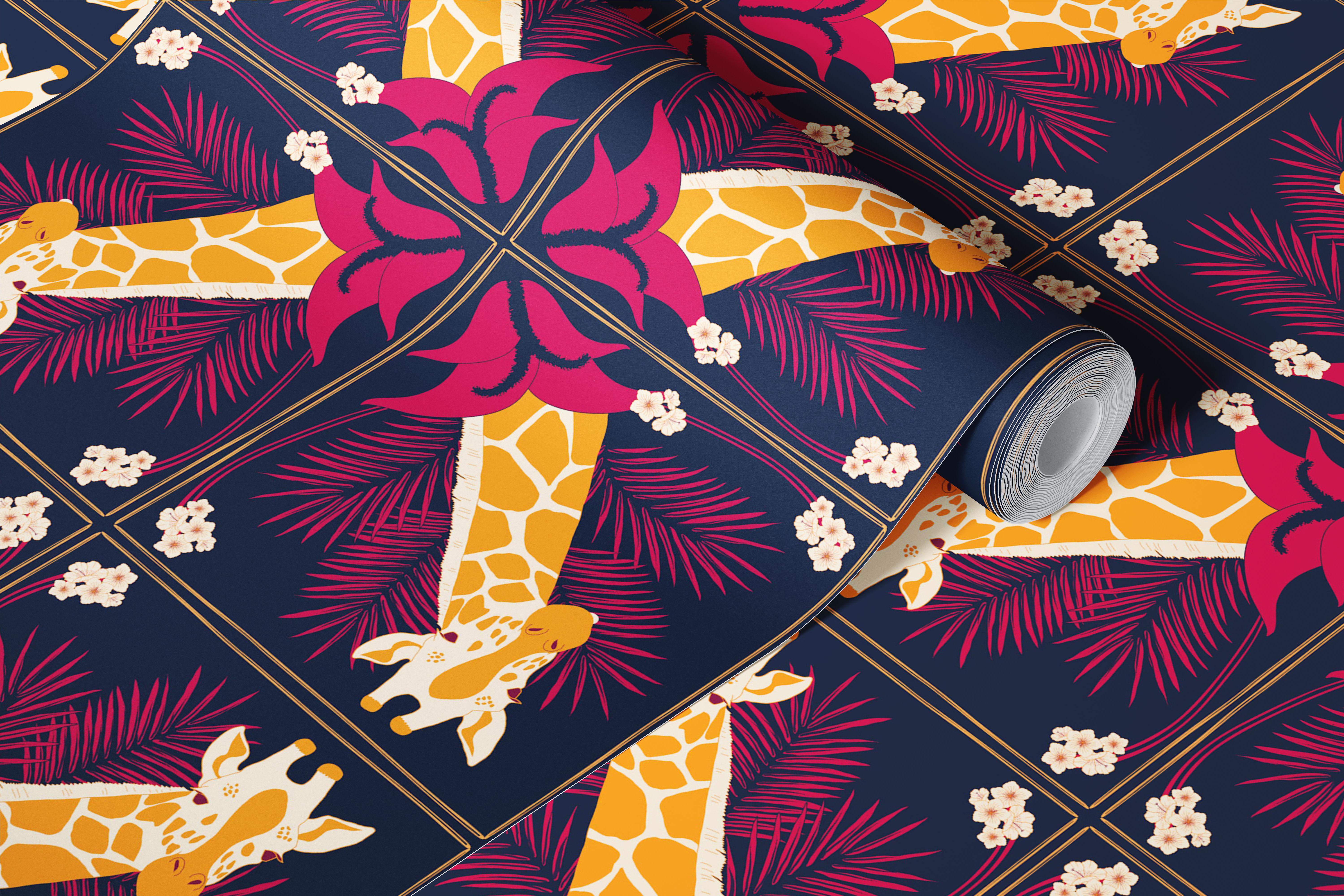 Jungle giraffe and palm leaves wallpaper in a room