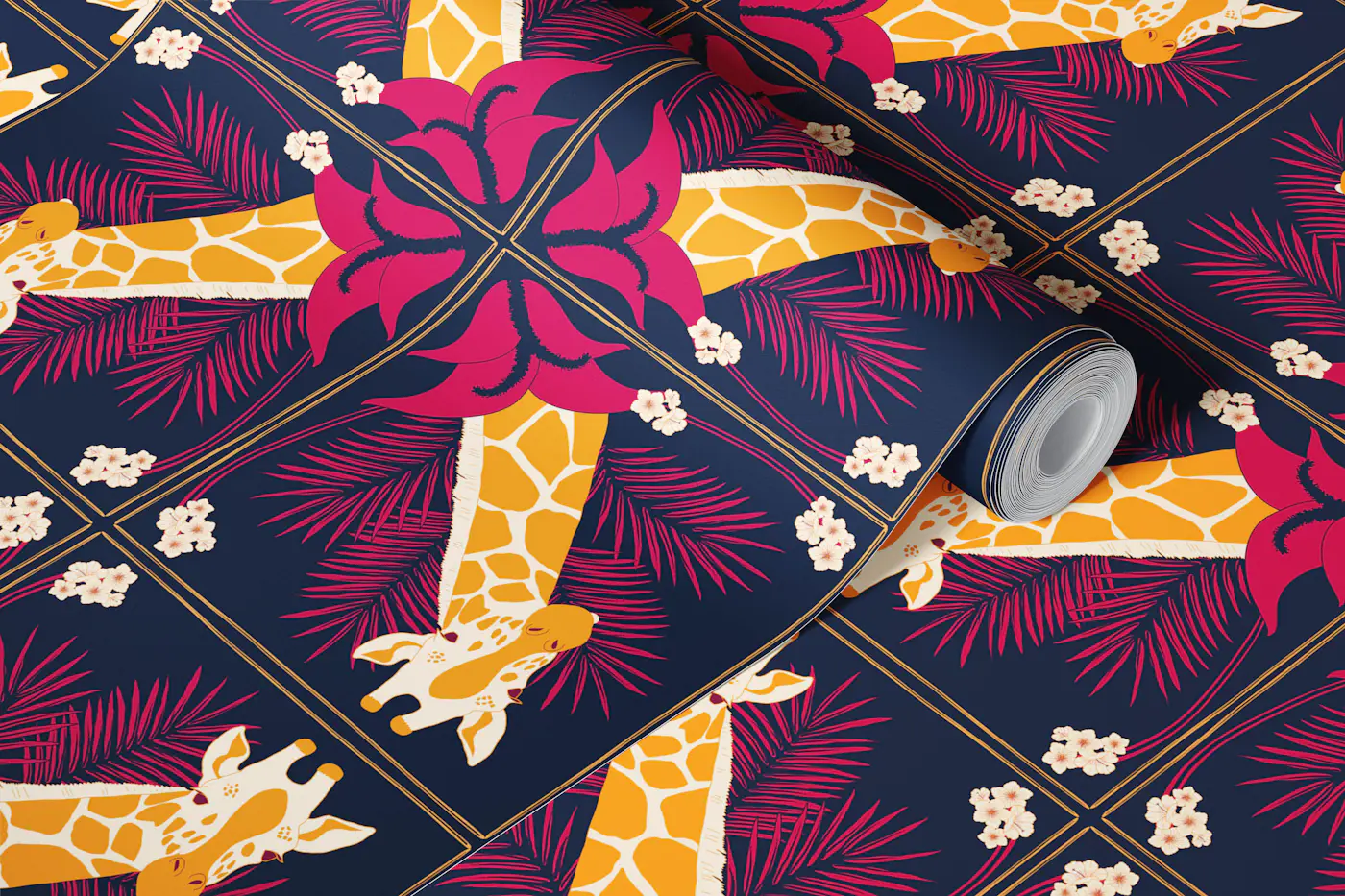 Jungle Giraffe and Palm leaf tile - Navy blue wallpaper roll