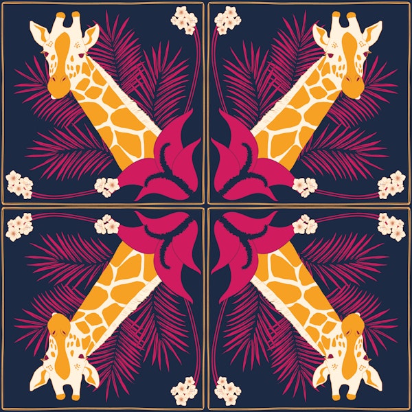 Jungle Giraffe and Palm leaf tile - Navy blue