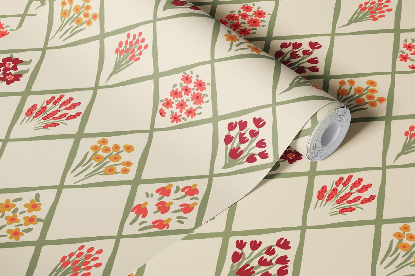 Folk Flower Trellis in Warm Beige wallpaper roll