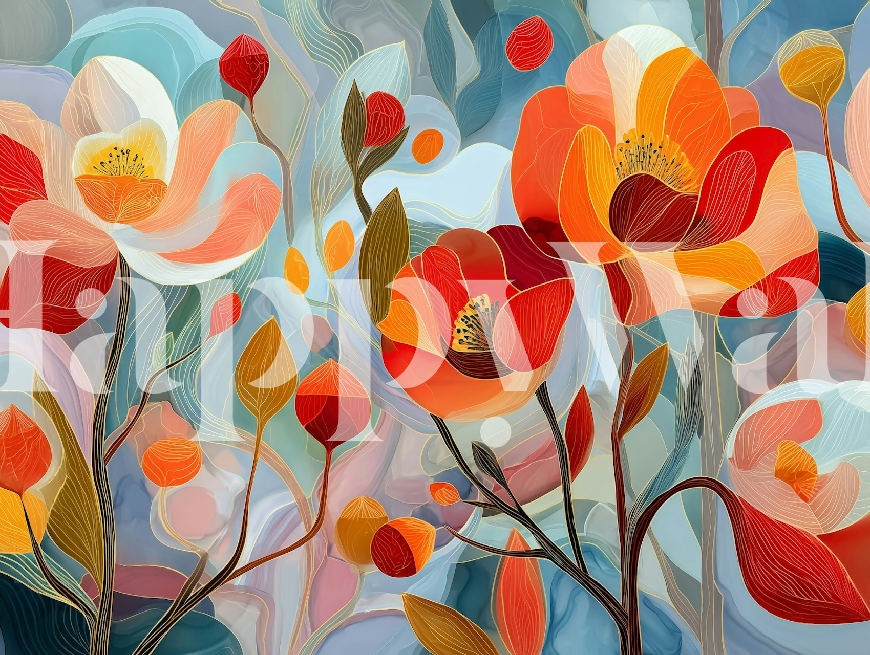 Cheerful Poppy Bloom Garden wallpaper in a room