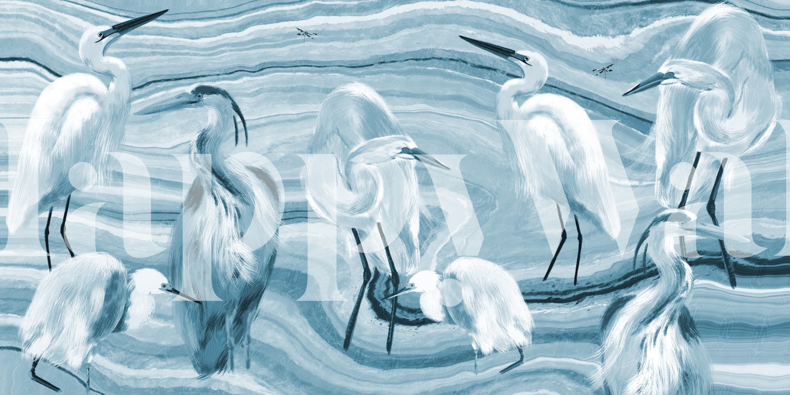Lagoon Birds Textured in Blue wallpaper in a room