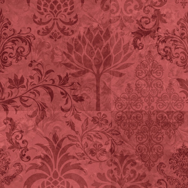 Botanical Damask Drama Coral Red