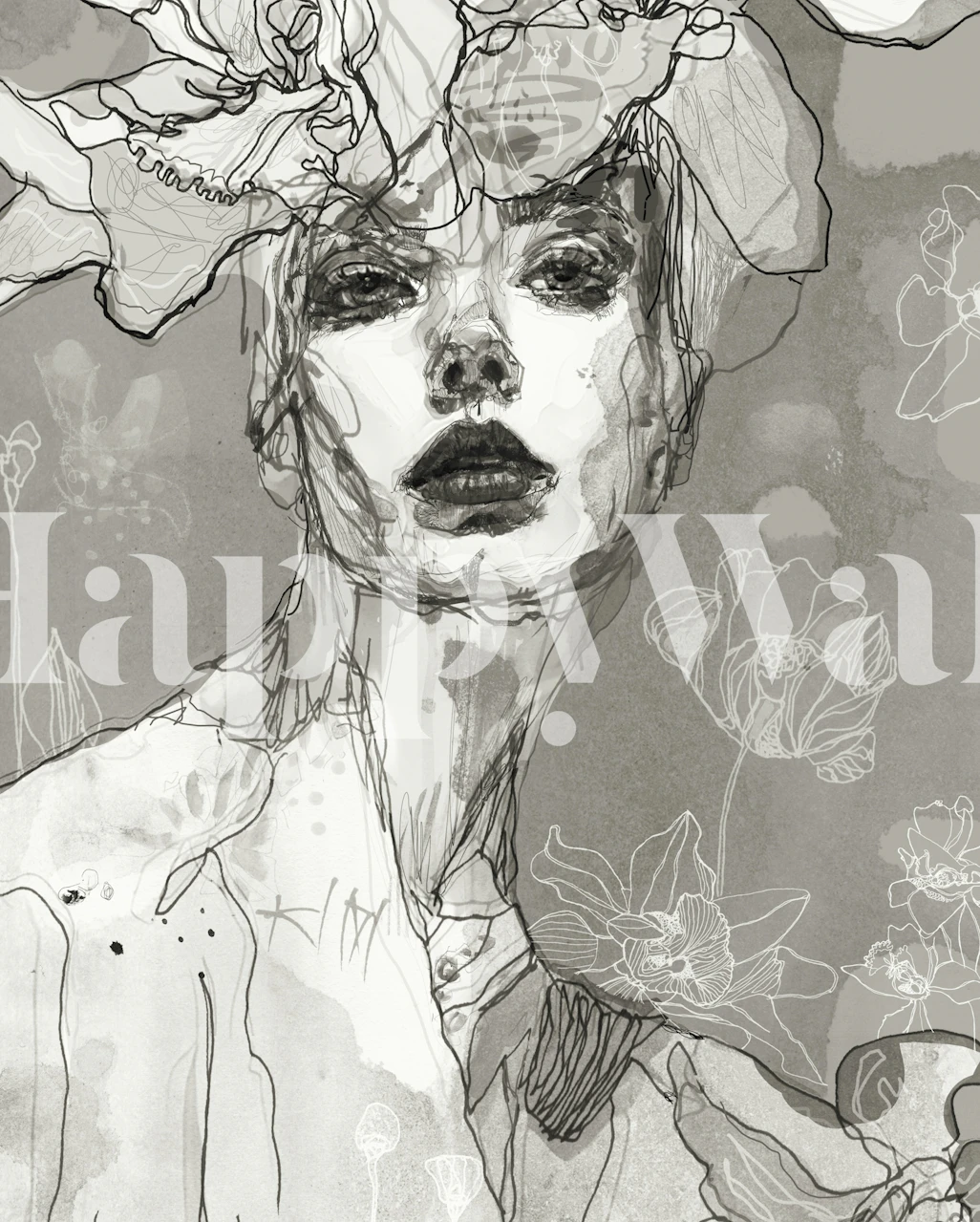 Monochrome floral portrait wallpaper in a room