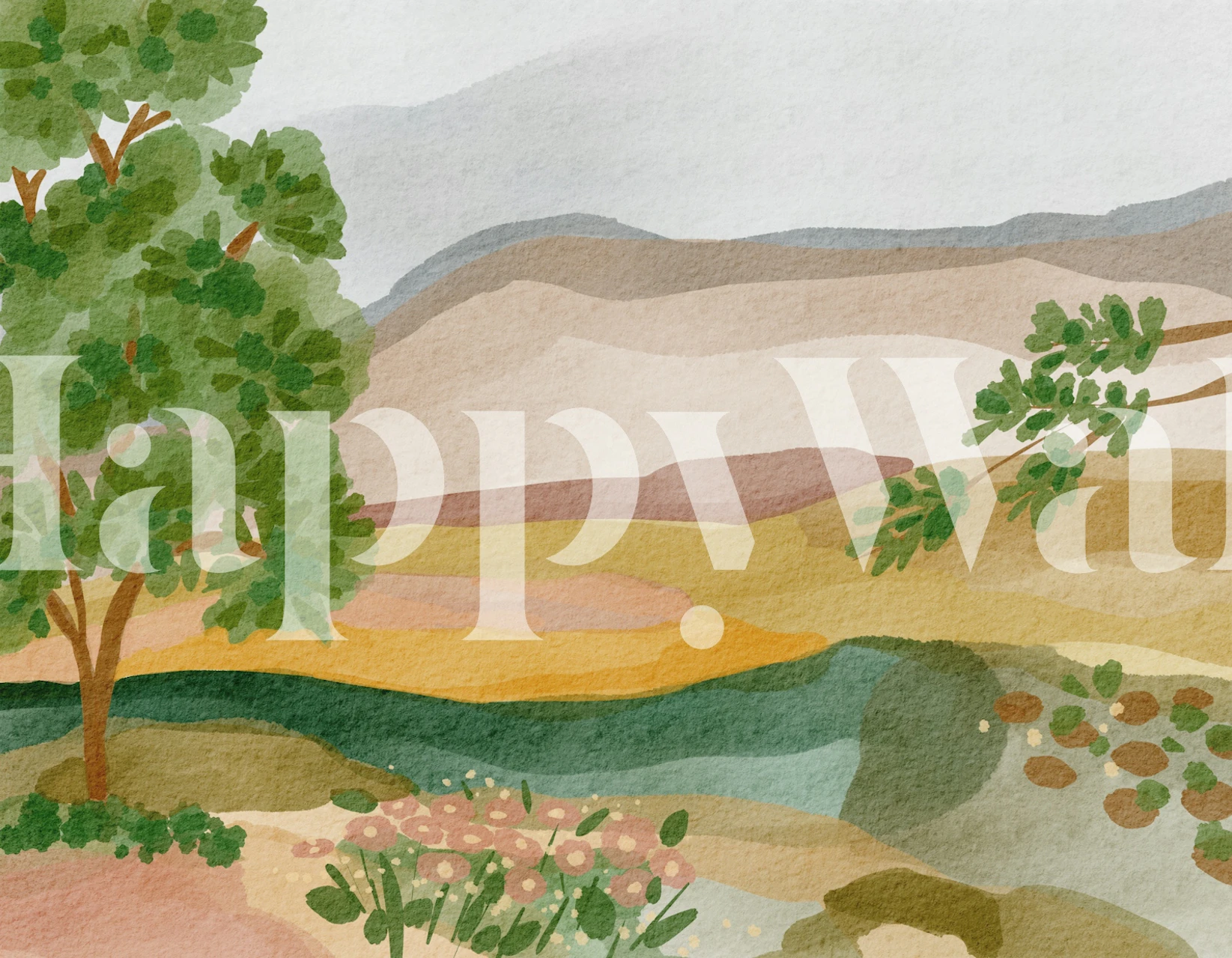 Boho watercolor landscape wallpaper in a room