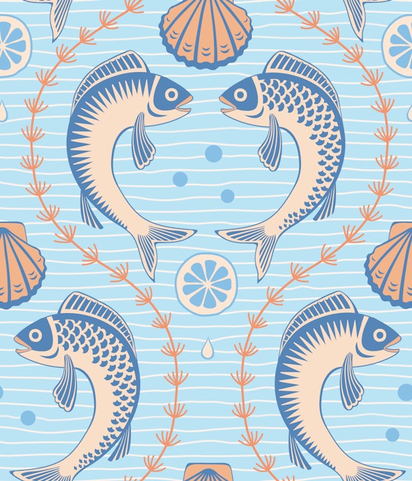 Dancing fishes and scallop shells light blue