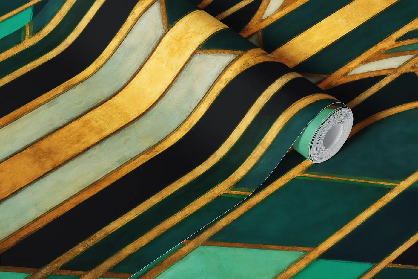 Art Deco Stained Glass Teal Gold wallpaper roll