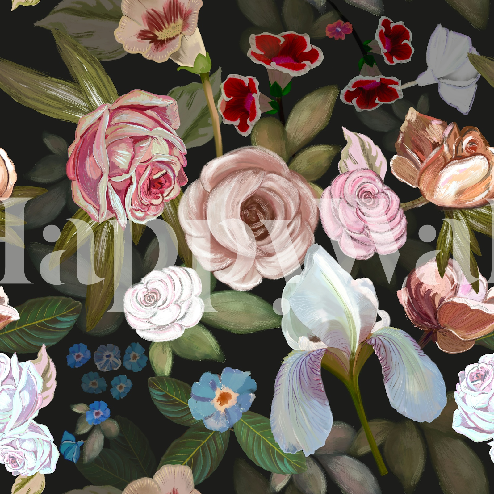 Moody Roses and Iris Wallpaper | happywall.com