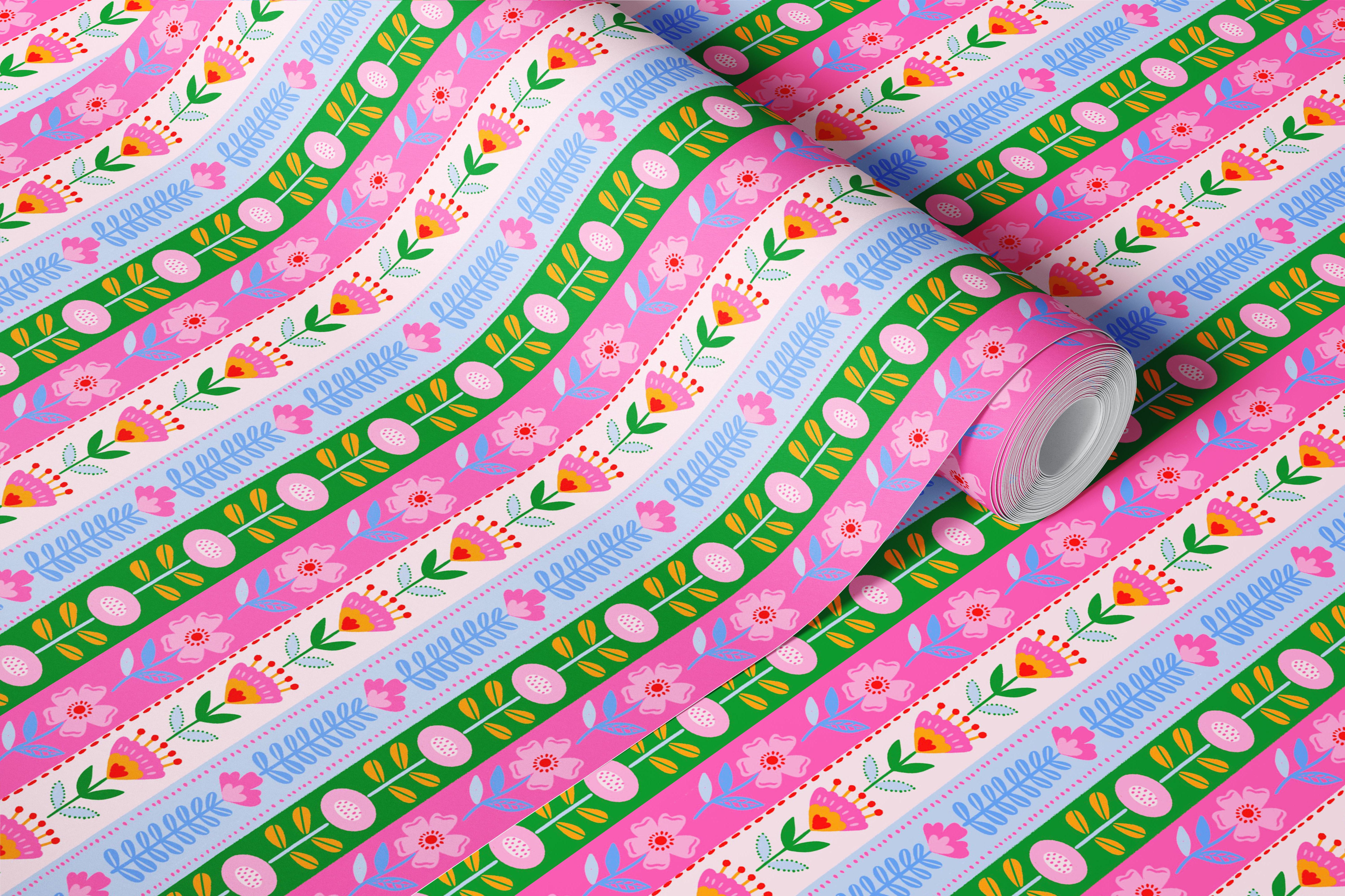 Tapeta Retro Folk Floral Stripes w pokoju