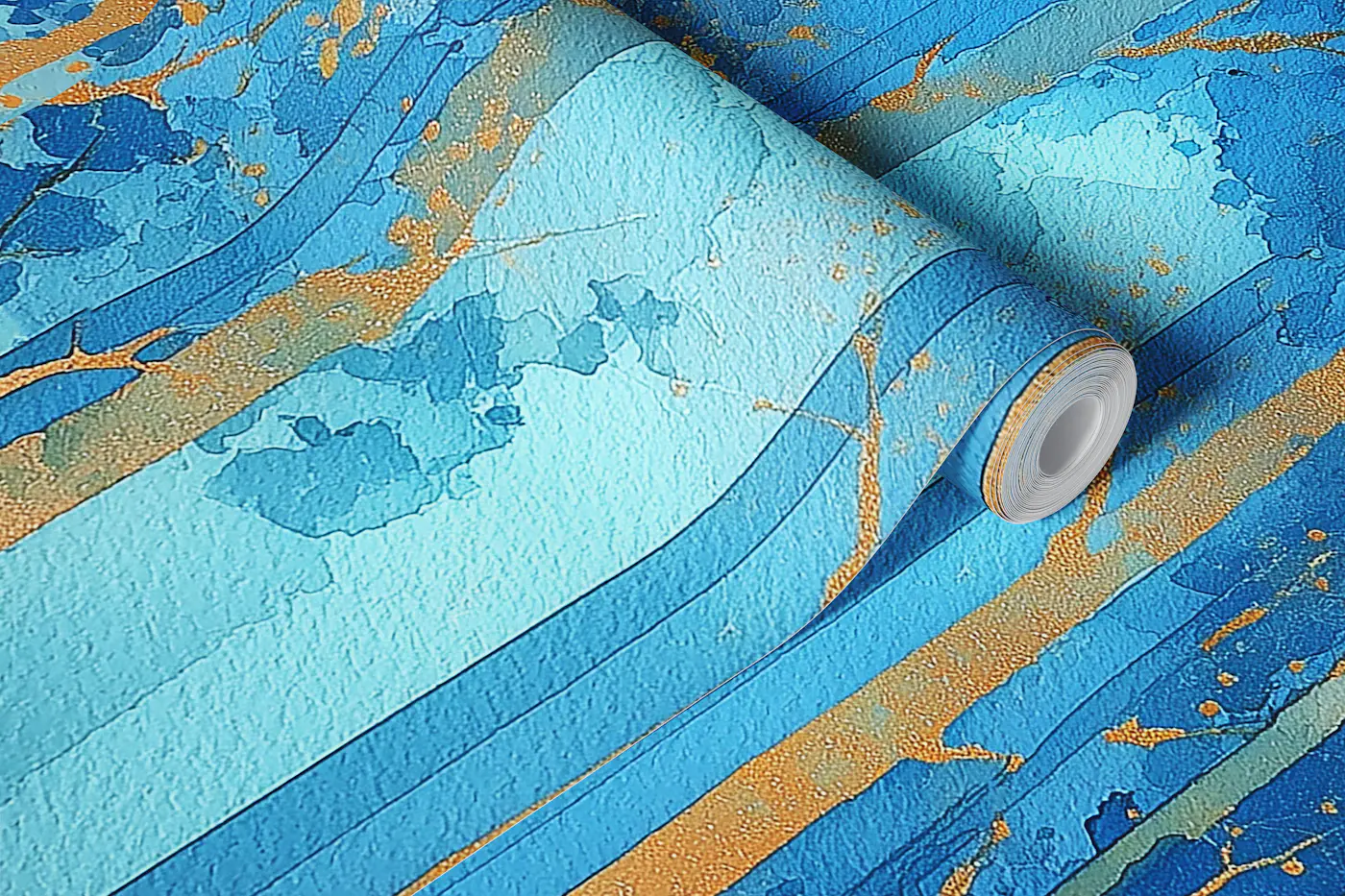 Blue Watercolor Forest Gold Trees wallpaper roll
