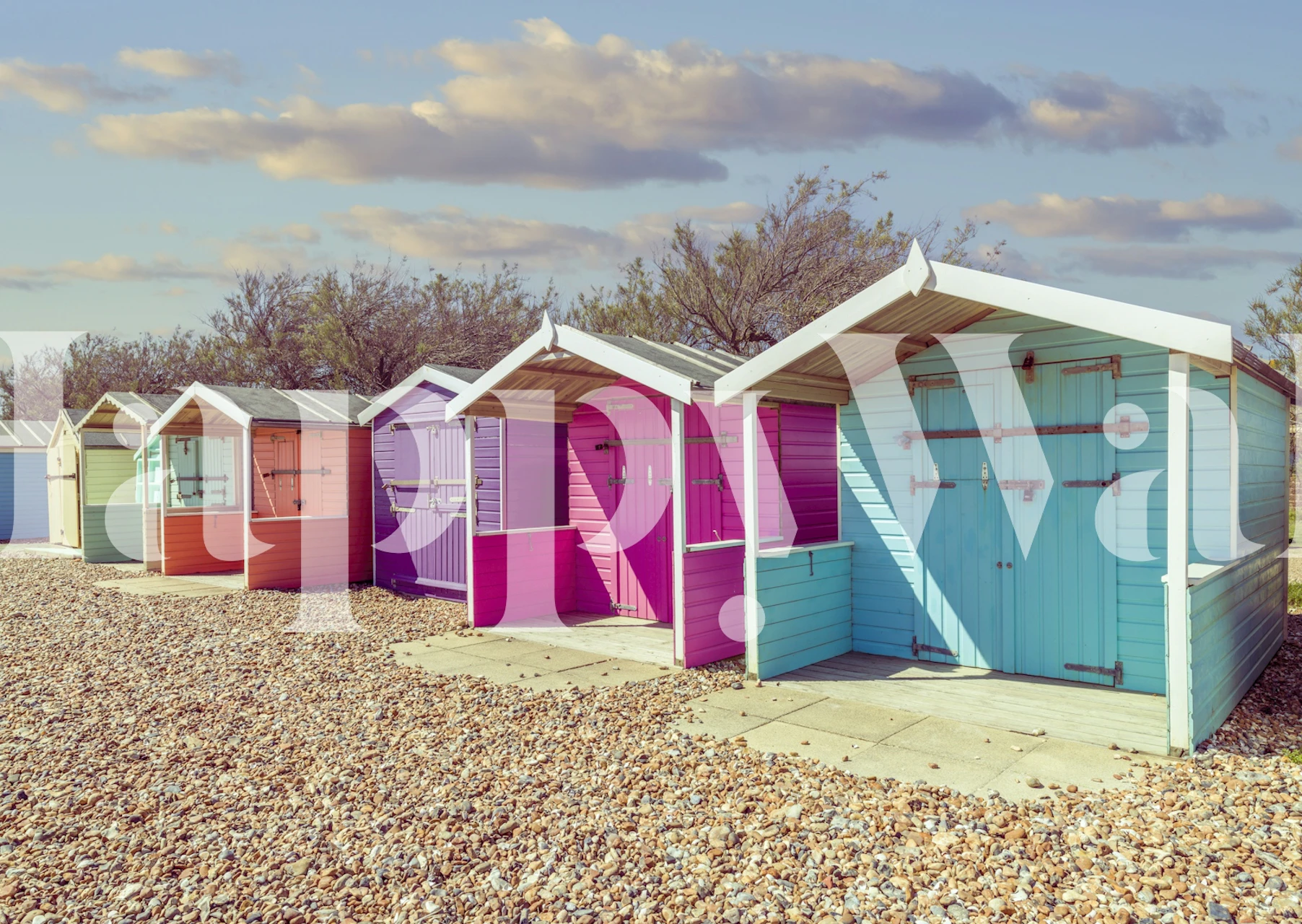 Farverigt tapetdesign med kysthytter