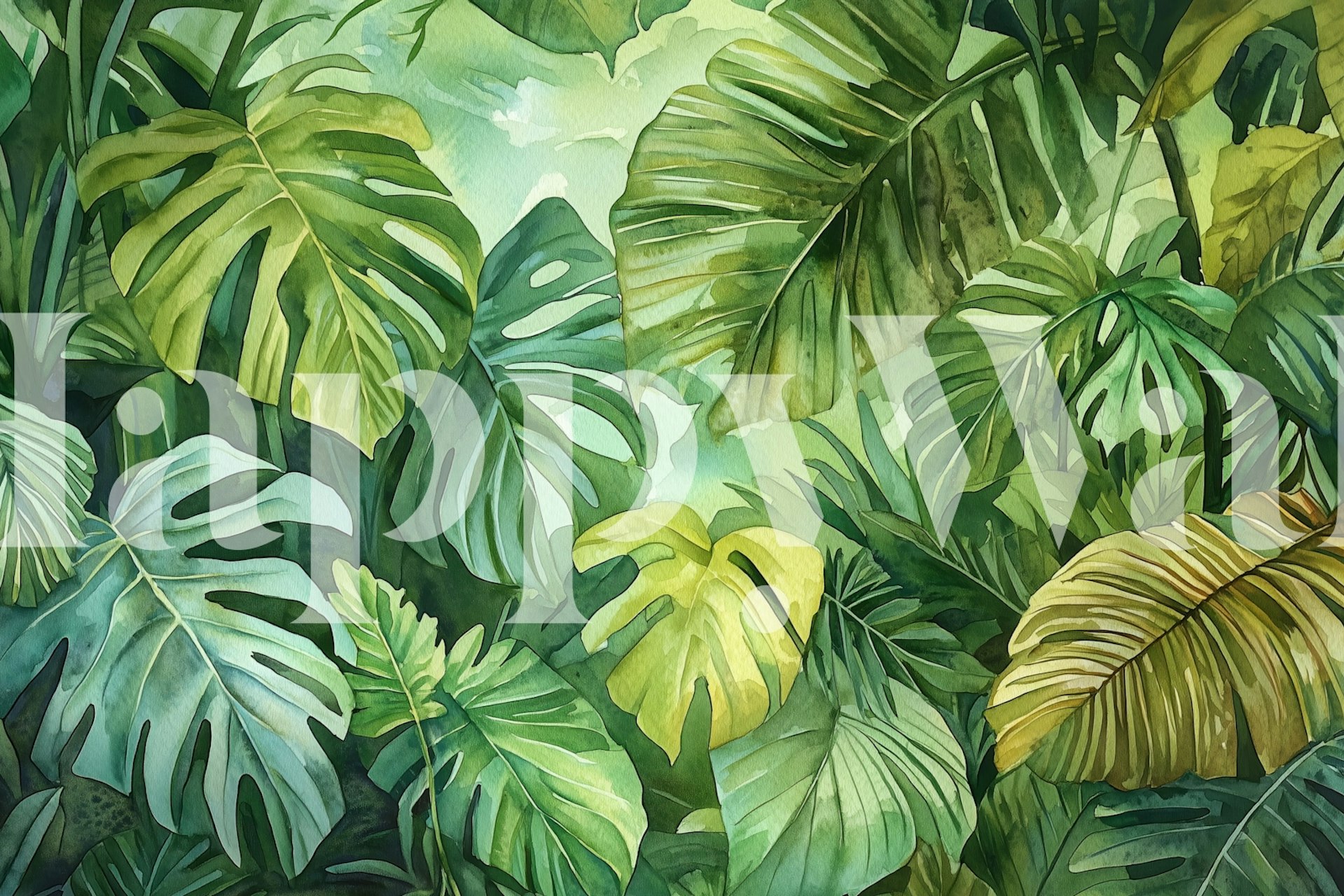 Tropical Rainforest Leaves Green wallpaper in a room