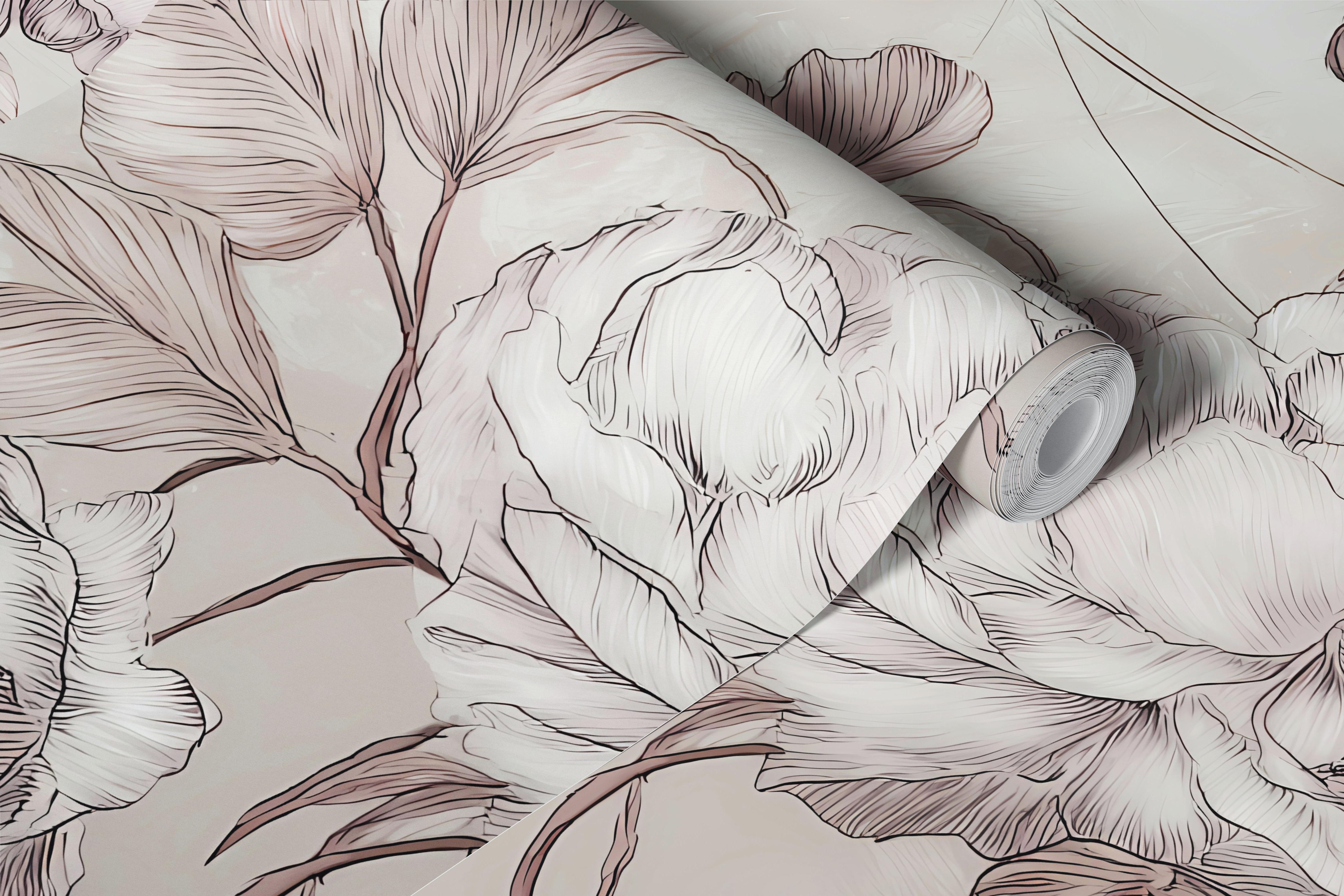 Vintage rose sketch blush wallpaper in a room