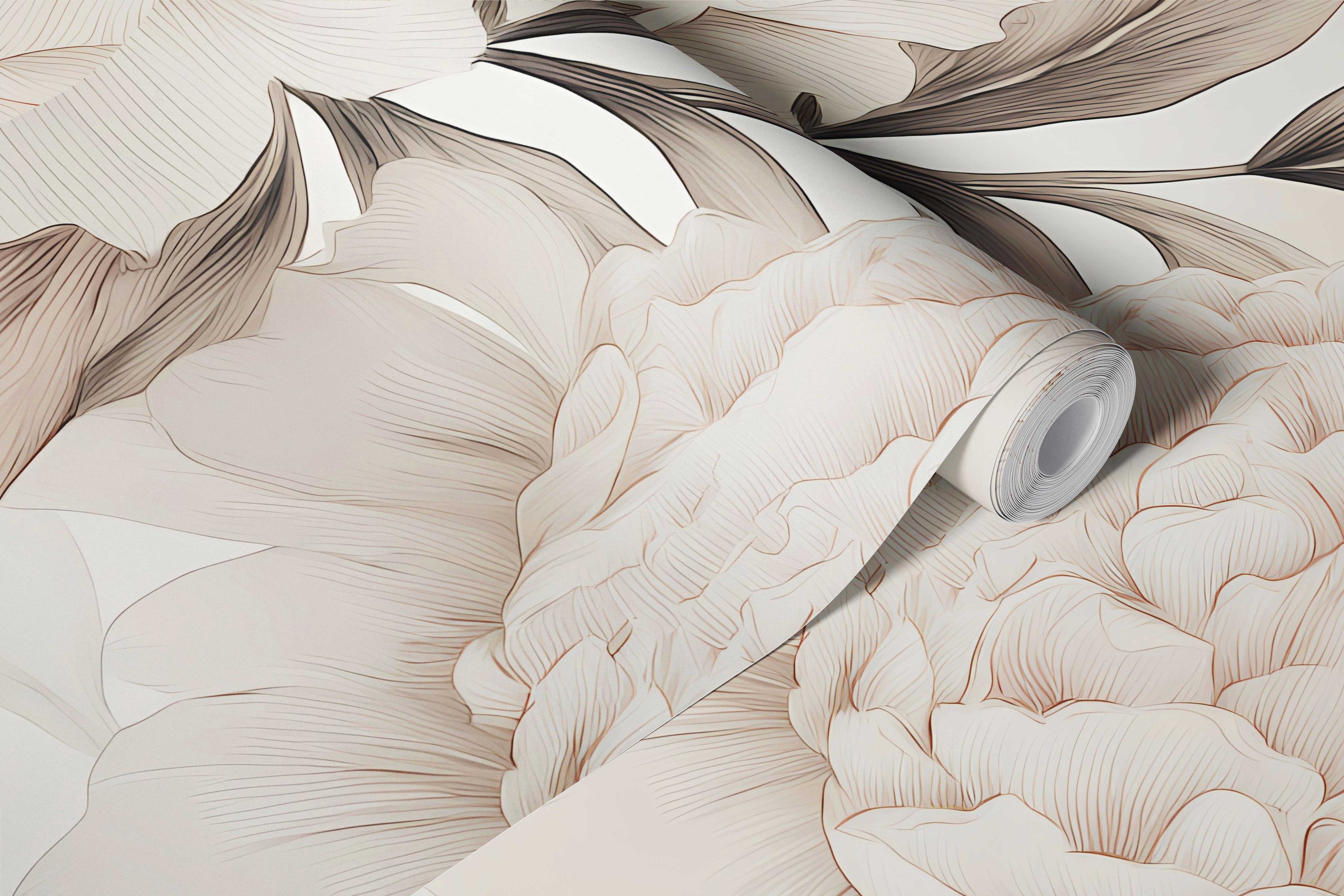 Soft Beige Peonies papel de parede em um cômodo