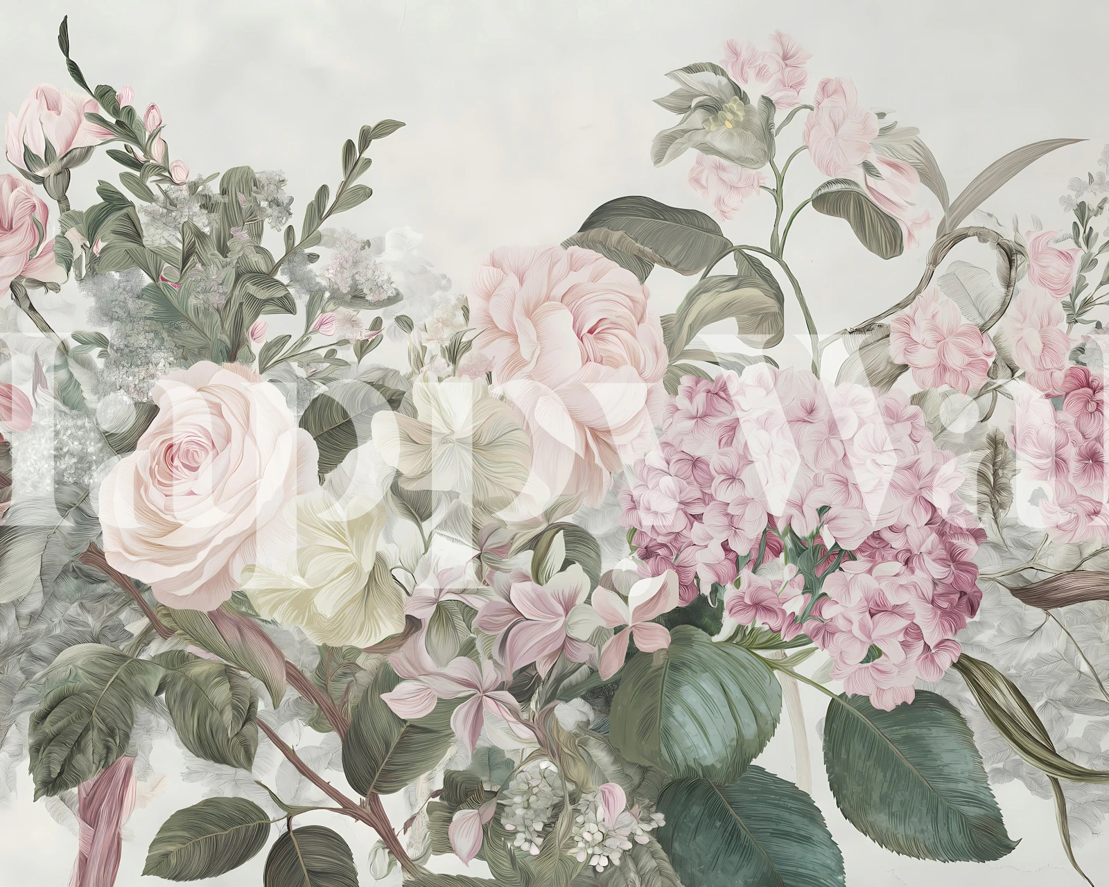 Floral wallpaper in a room featuring blush tones