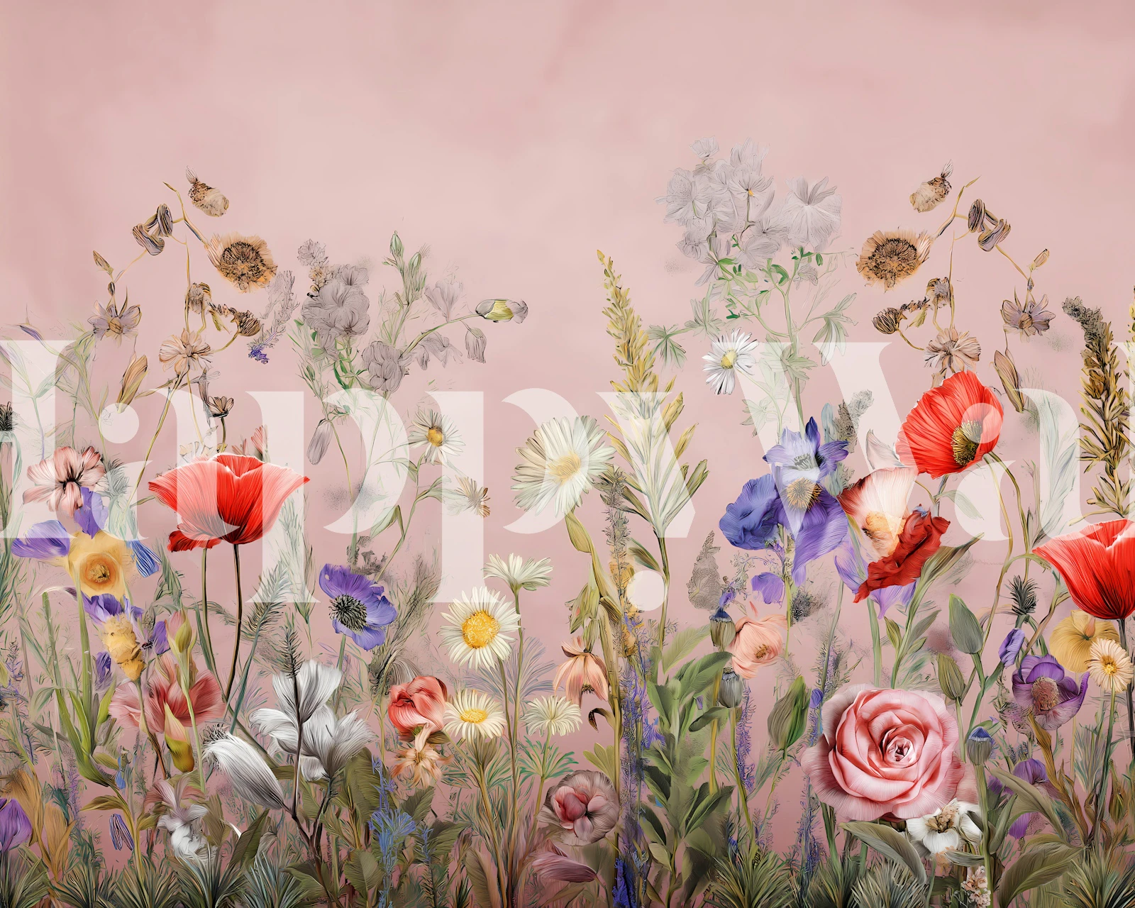 Floral wallpaper featuring wildflowers on a pink background