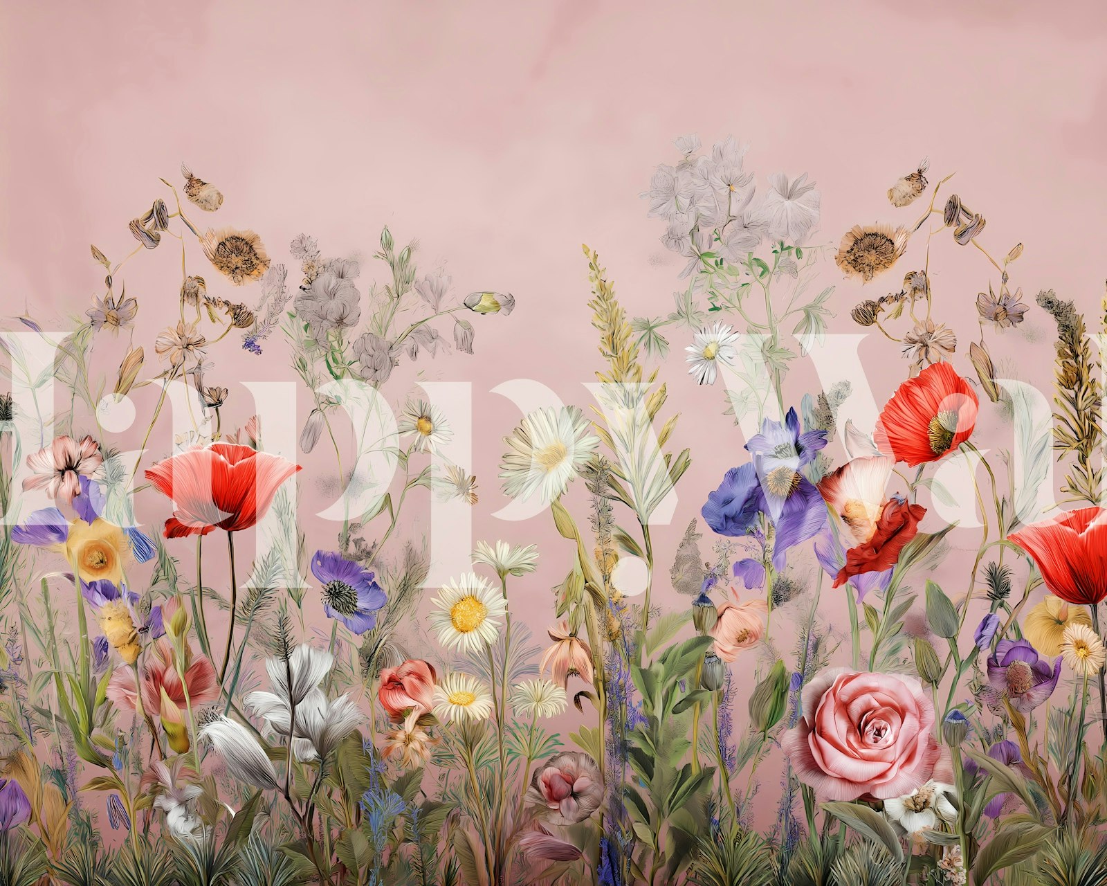Floral wallpaper featuring wildflowers on a pink background