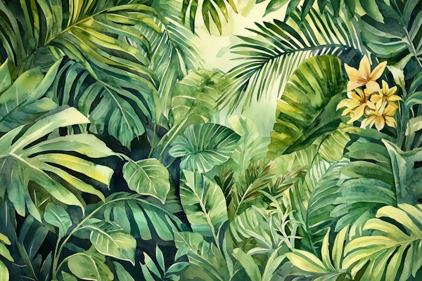 Rainforest Leaves and Yellow Blooms