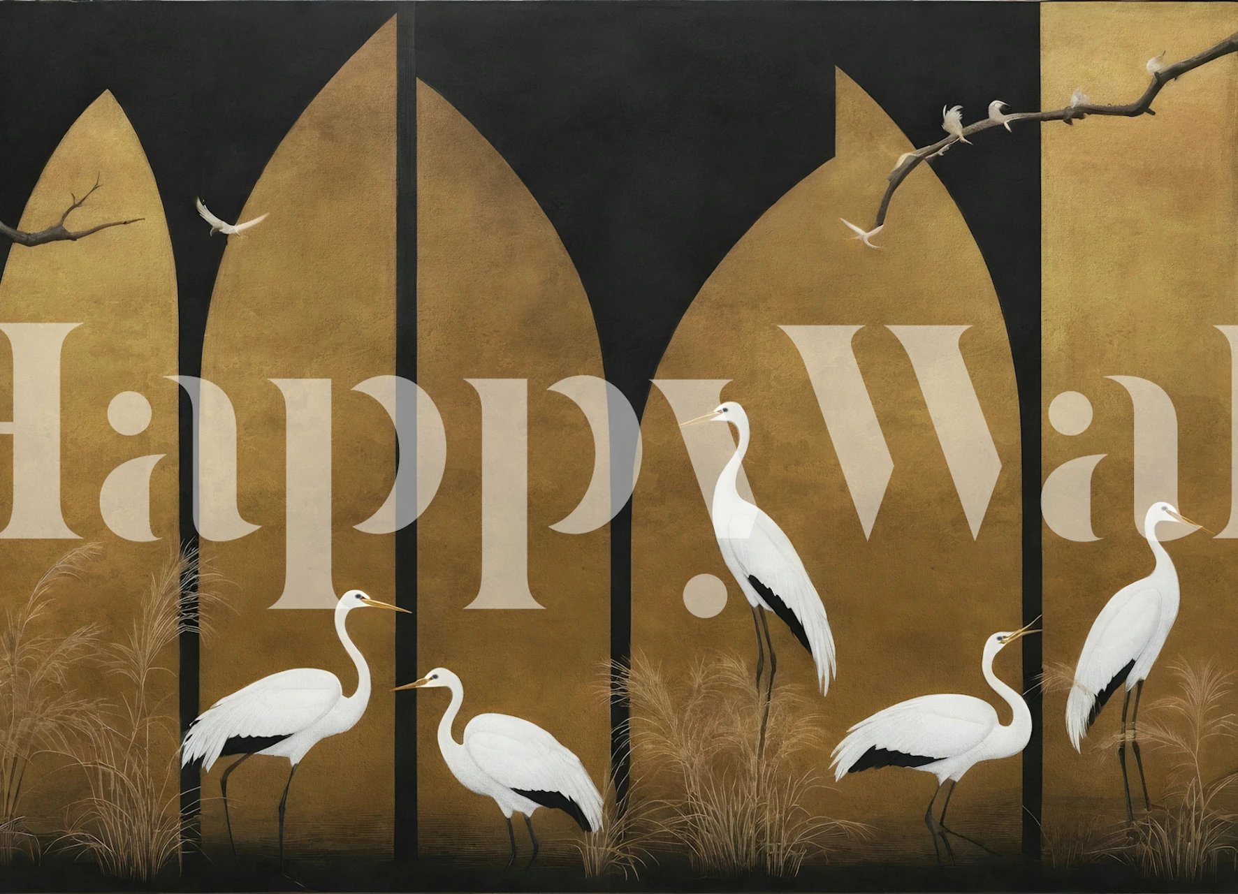 Golden Archway Crane Mural behang in een kamer